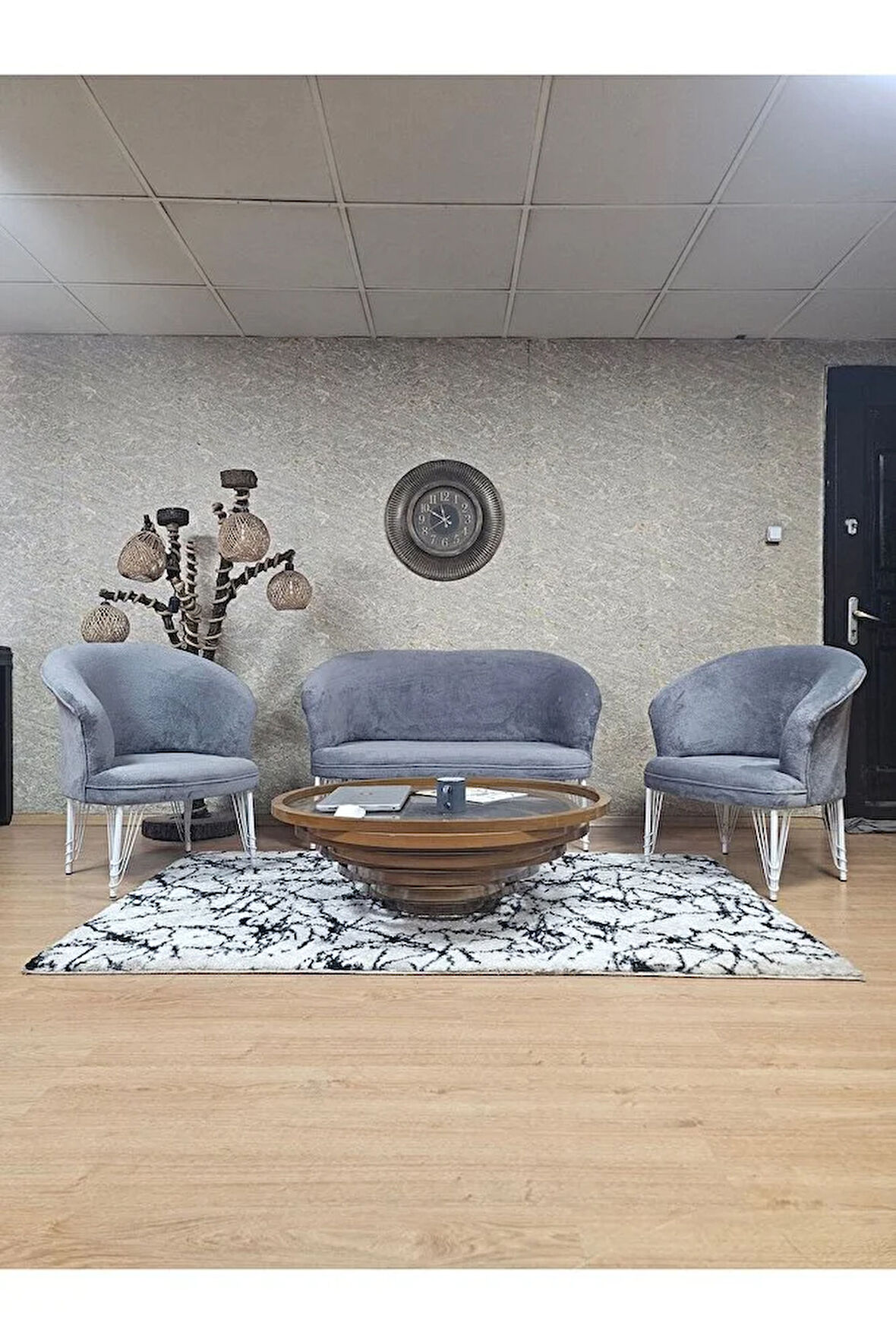 TEDDY Takım Beyaz Boyalı Telli Ayak Çay Seti Koltuk - Berjer , Balkon, Salon, Ofis Gri Renk 40 x 125 Boyut/Ebat