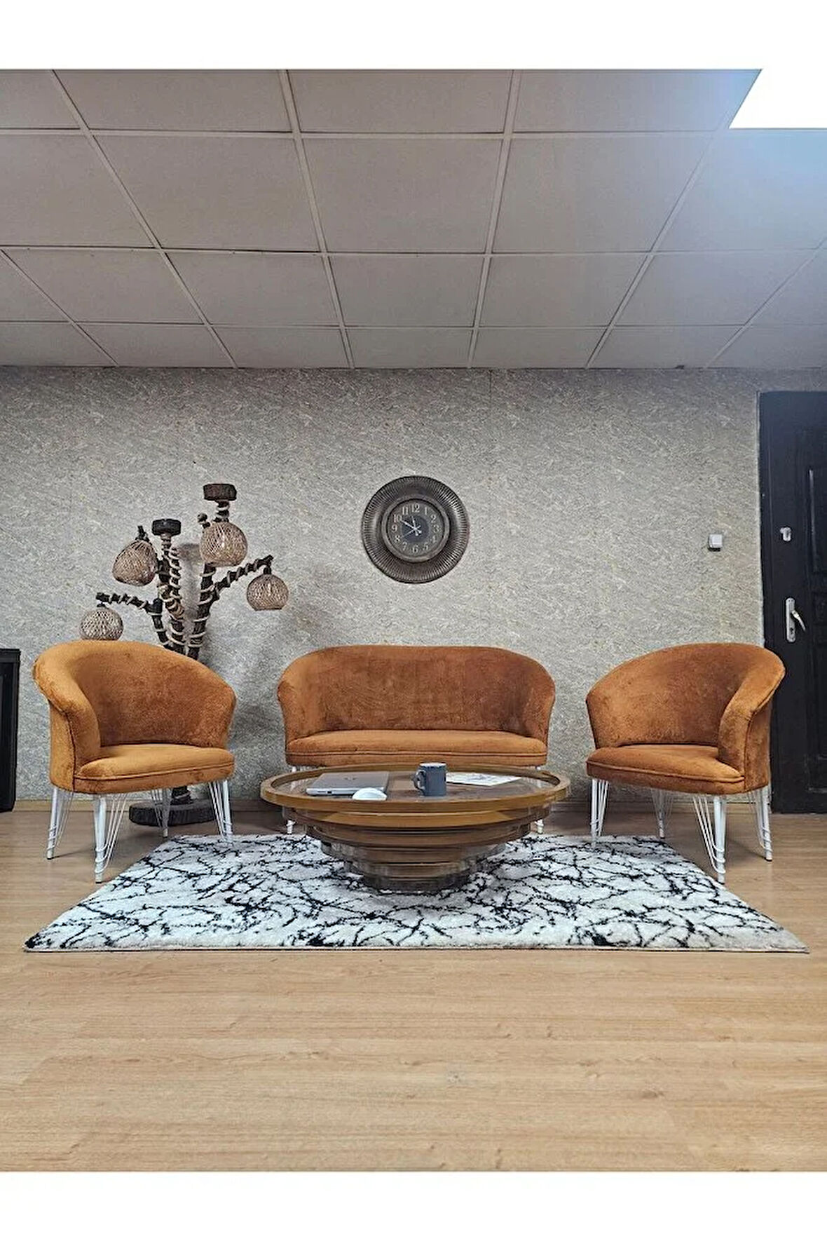 TEDDY Takım Beyaz Boyalı Telli Ayak Çay Seti Koltuk - Berjer , Balkon, Salon, Ofis Kiremit Renk 40 x 125 Boyut/Ebat