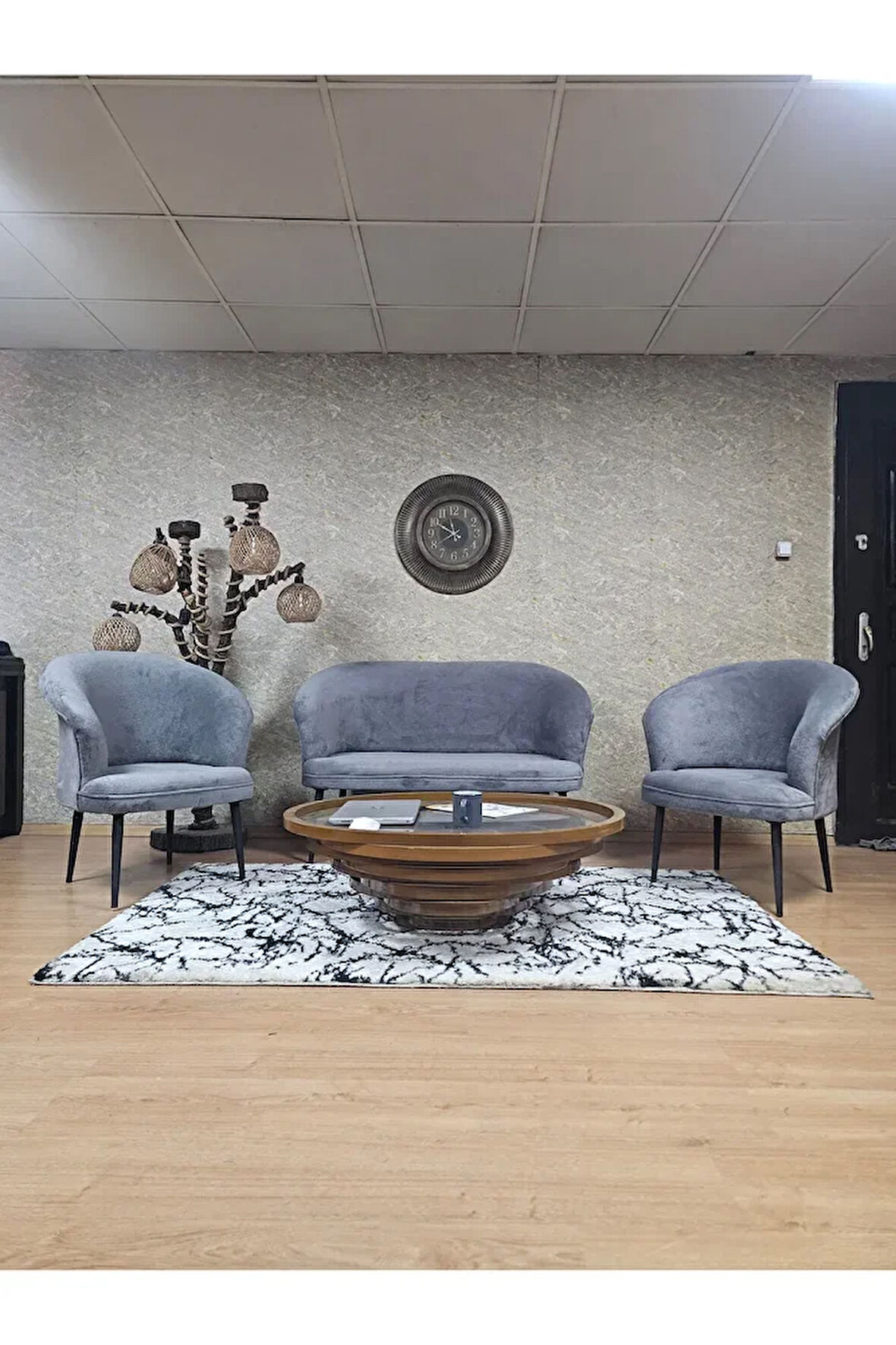 TEDDY Takım Siyah Boyalı Sivriltme Ayak Çay Seti Koltuk - Berjer , Balkon, Salon, Ofis Gri Renk 40 x 125 Boyut/Ebat