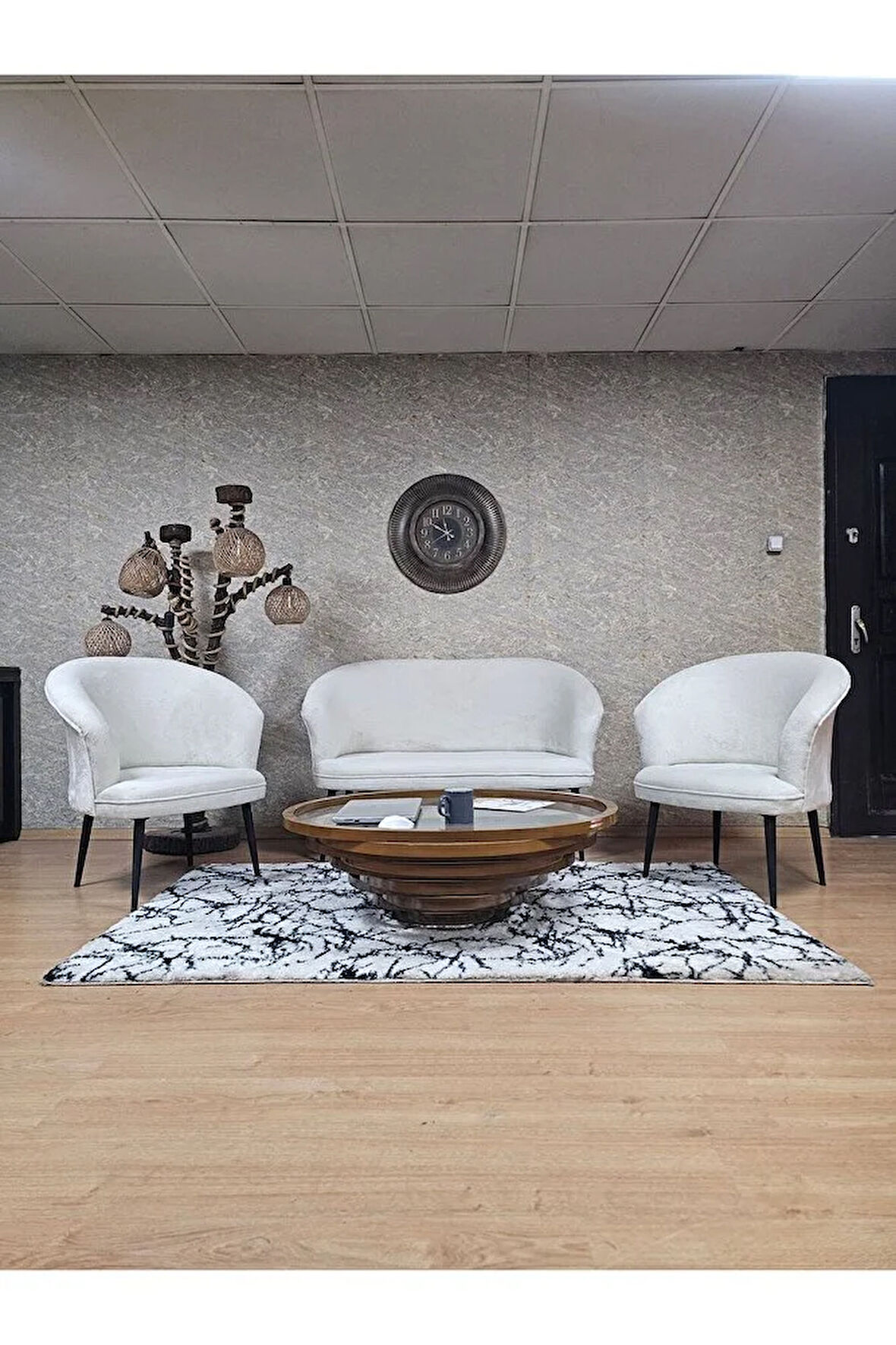 TEDDY Takım Siyah Boyalı Sivriltme Ayak Çay Seti Koltuk - Berjer , Balkon, Salon, Ofis Krem Renk 40 x 125 Boyut/Ebat