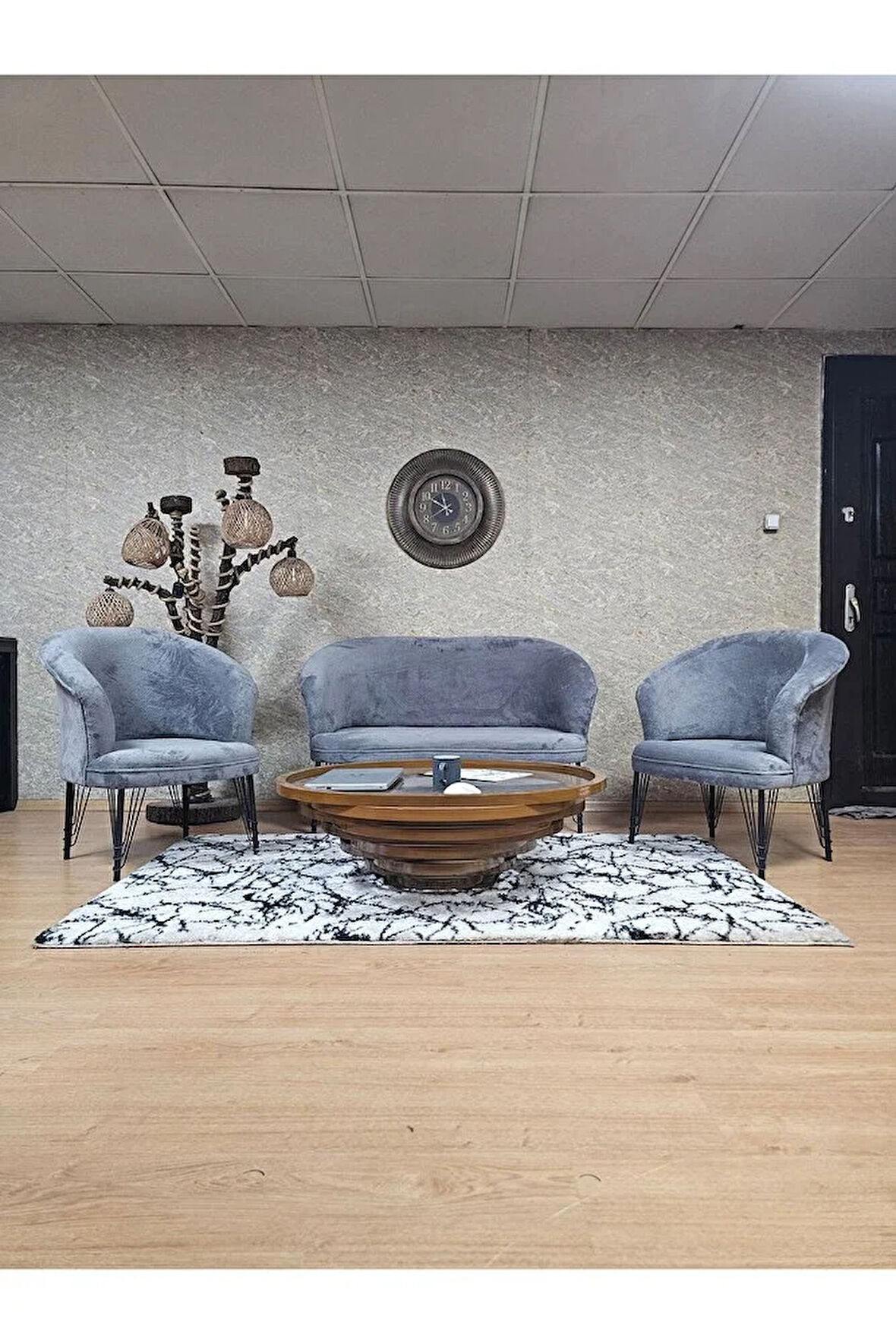 TEDDY Takım Siyah Boyalı Telli Ayak Çay Seti Koltuk - Berjer , Balkon, Salon, Ofis Gri Renk 40 x 125 Boyut/Ebat