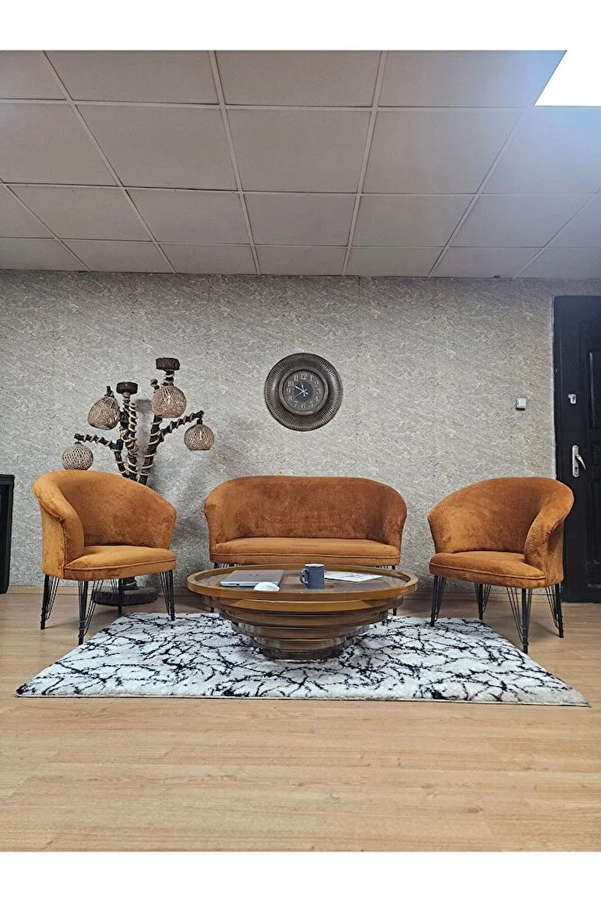 TEDDY Takım Siyah Boyalı Telli Ayak Çay Seti Koltuk - Berjer , Balkon, Salon, Ofis Kiremit Renk 40 x 125 Boyut/Ebat