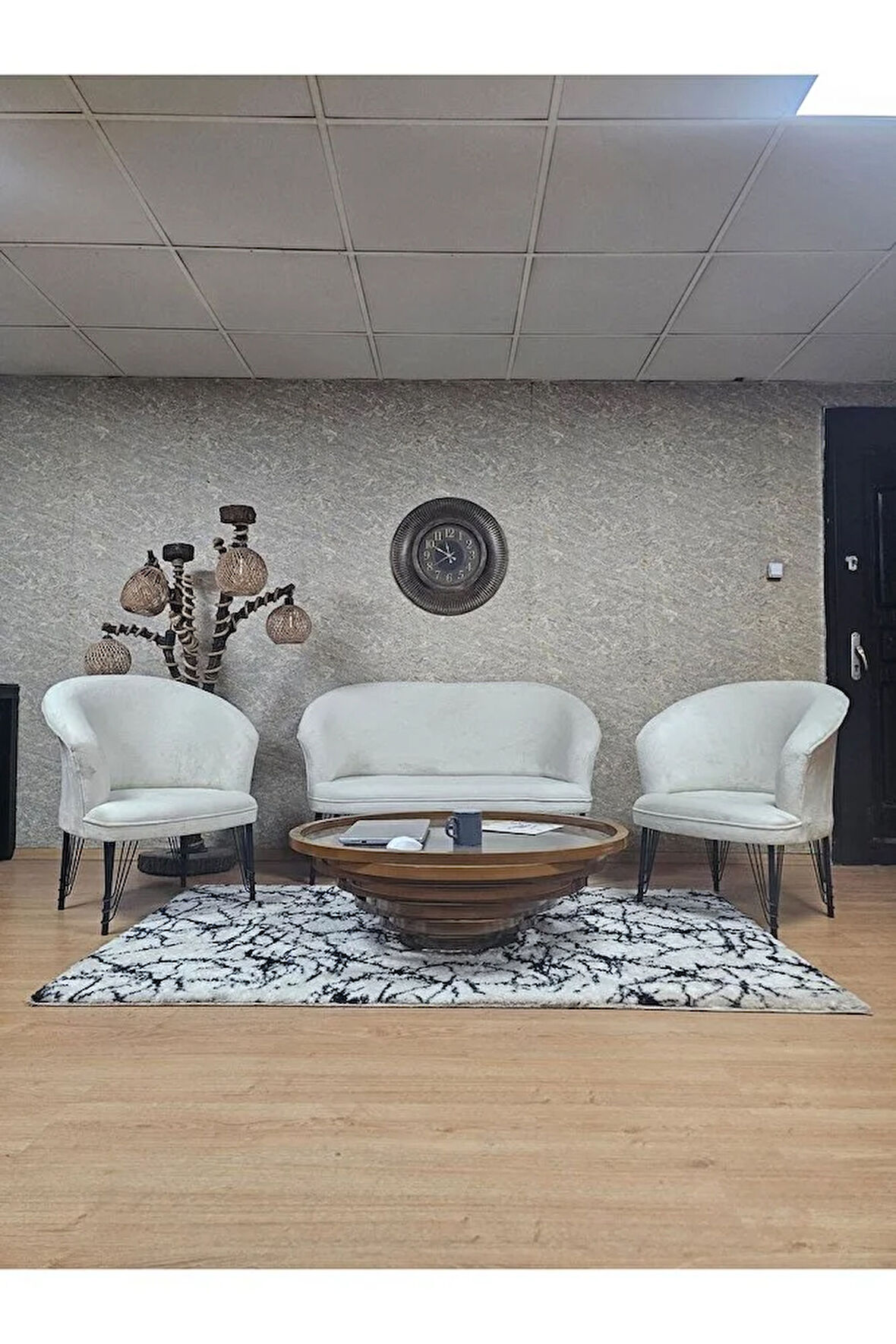 TEDDY Takım Siyah Boyalı Telli Ayak Çay Seti Koltuk - Berjer , Balkon, Salon, Ofis Krem Renk 40 x 125 Boyut/Ebat