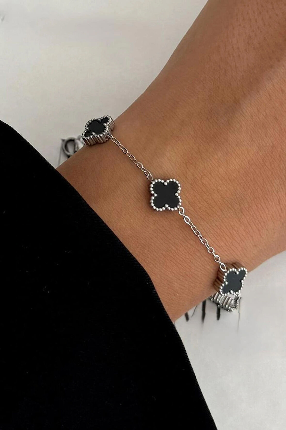 Çelik Mini Siyah Gümüş Yonca Çift Taraflı Bileklik