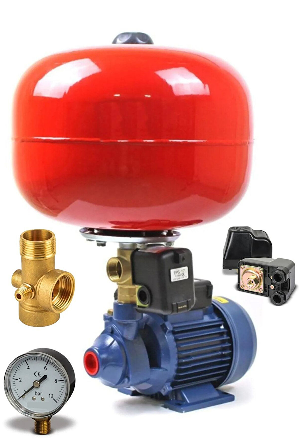 Bakır Sargı 24 Litre Küre Tanklı 0,50 Hp QB-60 Otomatik Hidrofor 2 Kat 2 Daire Pompa Seti