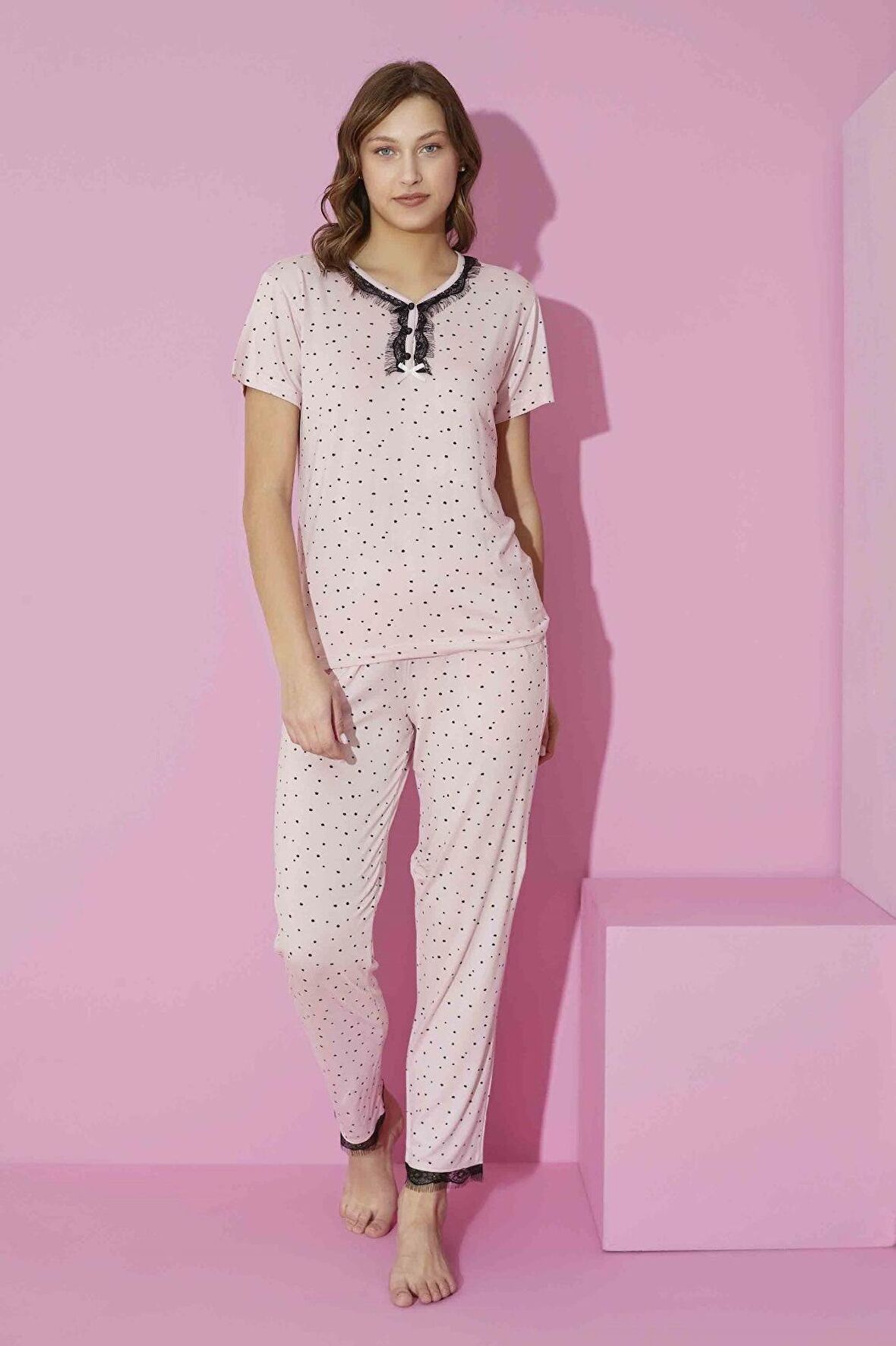 Kadın Bisiklet Yaka Viskon Kısa Kol Cepli Pijama Takımı