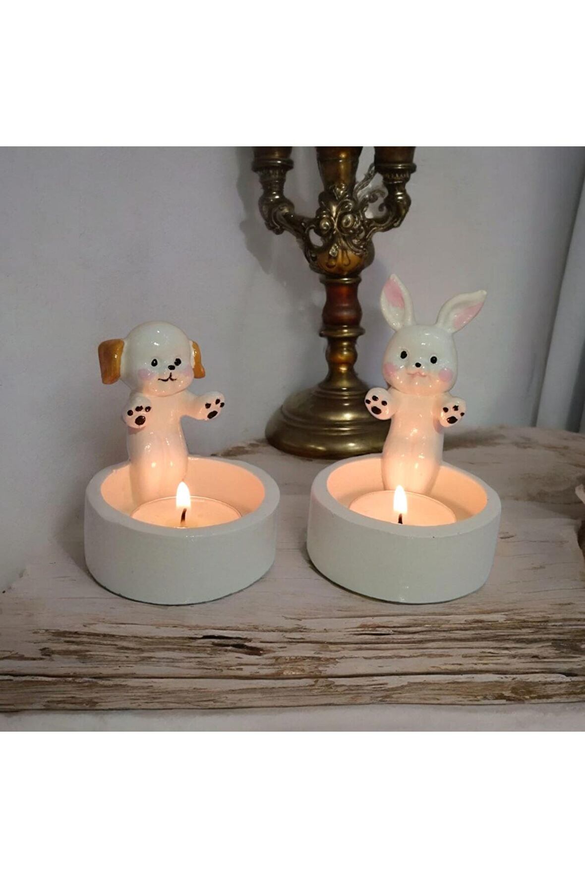 Dekoratif Ateş Başında Isınan köpek ve Tavşan seti Tealight Mumluk