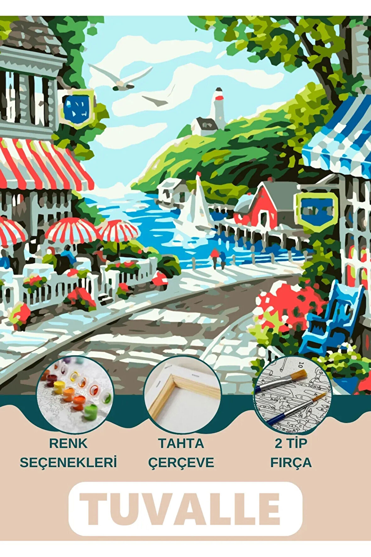 Tatil Köyü Sayılarla Boyama Seti, Hobi Seti, 40X50 Tablo, Fırça Boya Asma Aparatı Dahil, Fener , Köy