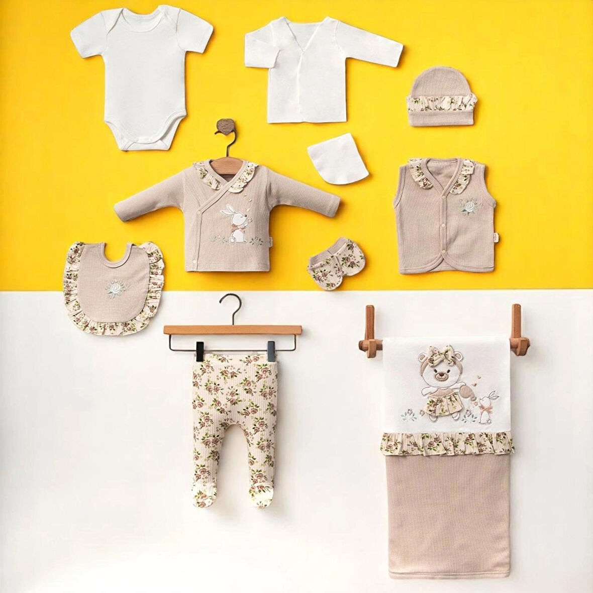  KIZ BEBEK 0-3 AY ÇİÇEKLİ TAVŞANLI 10LU SET %100 ORGANİK PAMUK