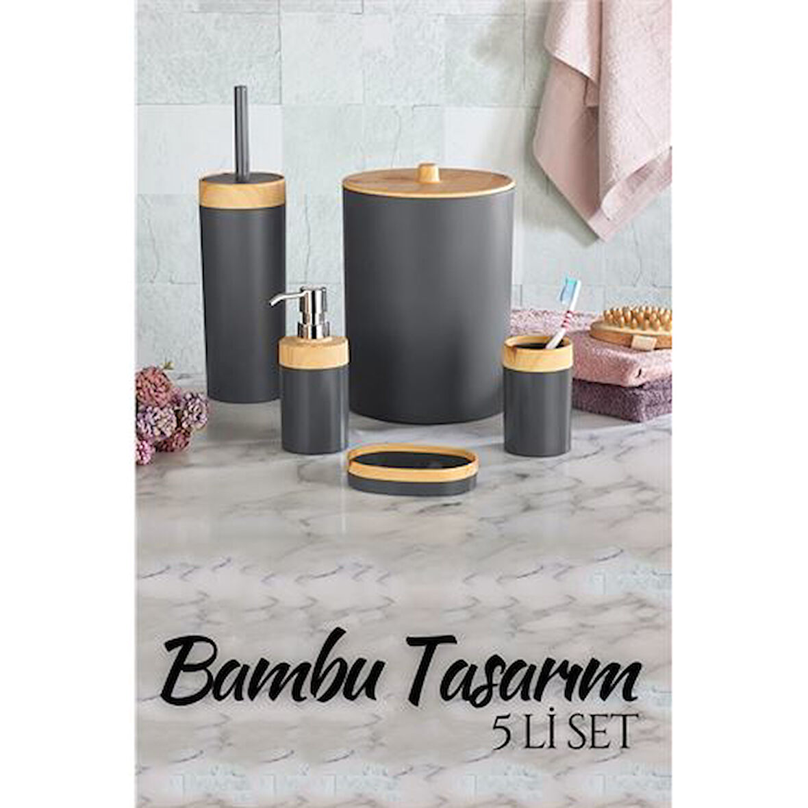 5 li Banyo Seti Bambu Design ANTRASİT