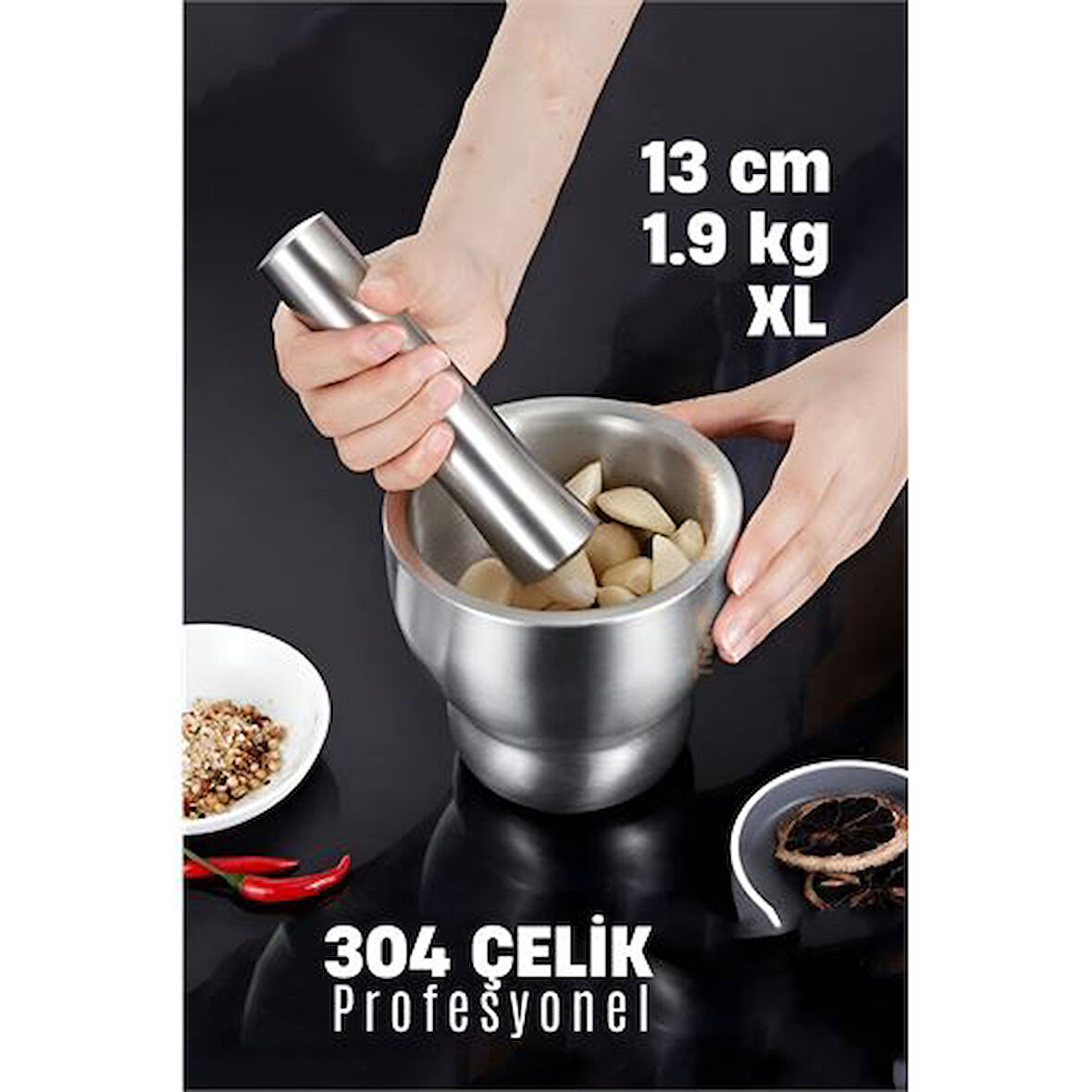 XL 13 CM Sarımsak Ezici Sarımsak Havanı 304 Paslanmaz Çelik