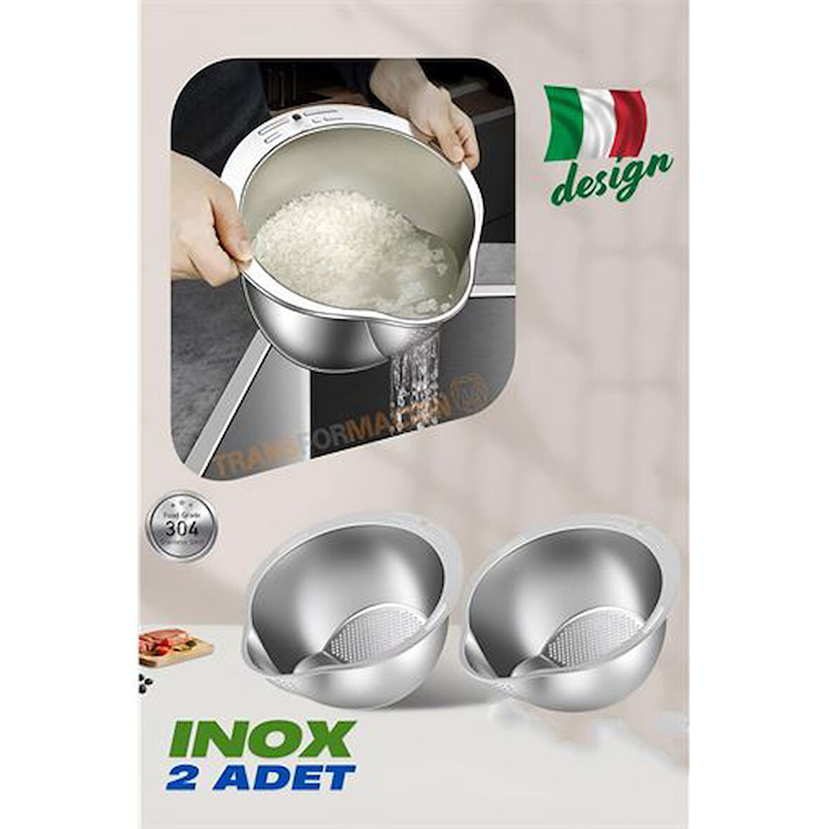 Inox Süzgeç Pirinç Makarna Salata Süzgeci 304 Paslanmaz Çelik 2 ADET