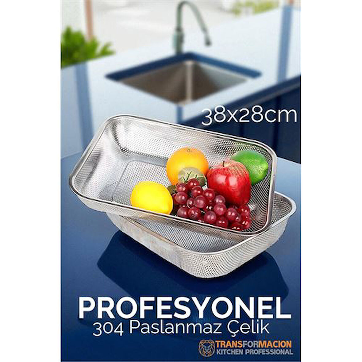 Büyük 38X28 CM Kevgir - Profesyonel Süzgeç 304 Paslanmaz Çelik