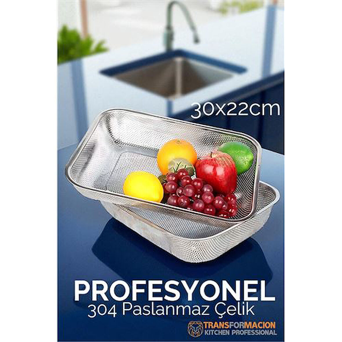 Büyük 30X22 CM Kevgir - Profesyonel Süzgeç 304 Paslanmaz Çelik