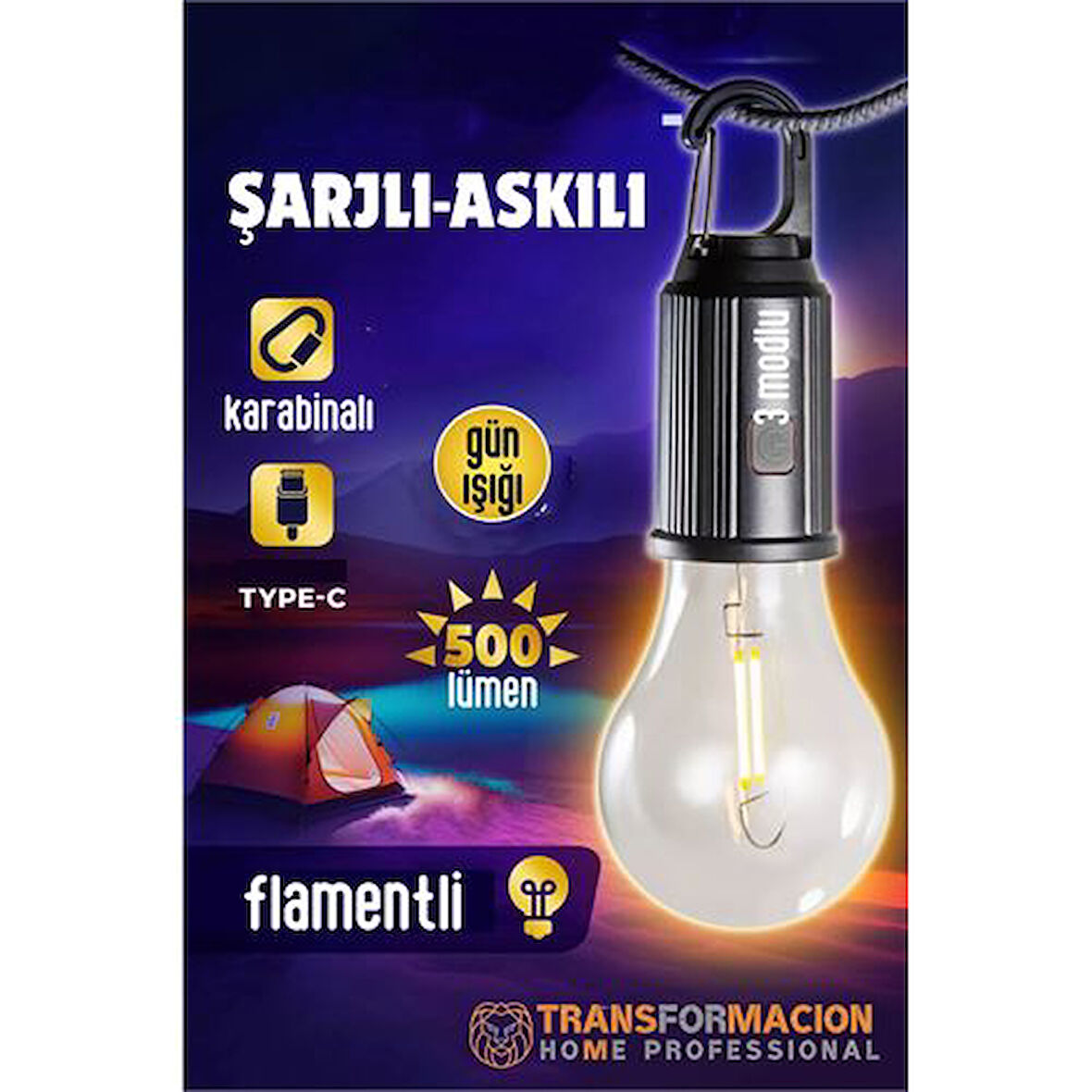 Askılı Portatif Şarjlı Askılı Ampül - Kamp Lambası - Acil Durum Lambası