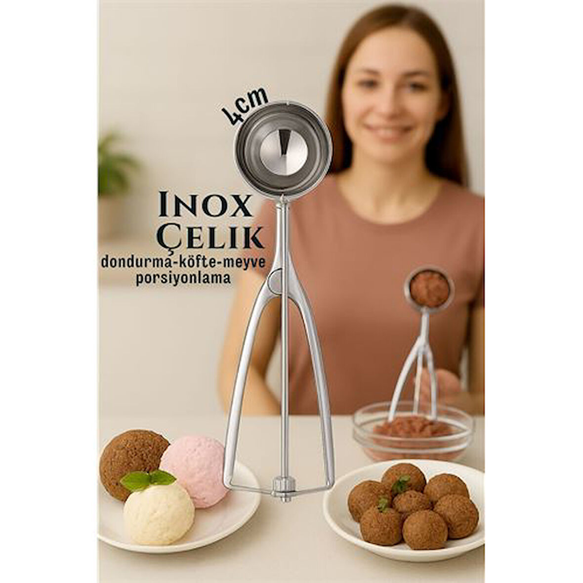 Inox 4 cm Dondurma Kaşığı - Karpuz Kurabiye Köfte Helva Porsiyonlama