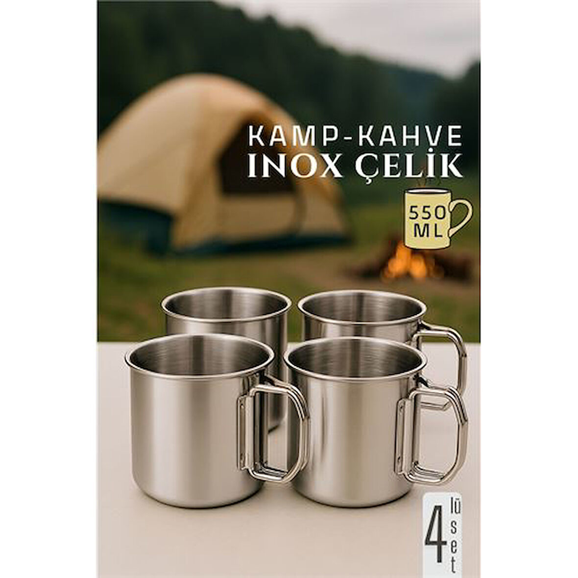Inox Çelik Kamp Kupası - Kamp Bardağı 550 ml 4 LÜ SET
