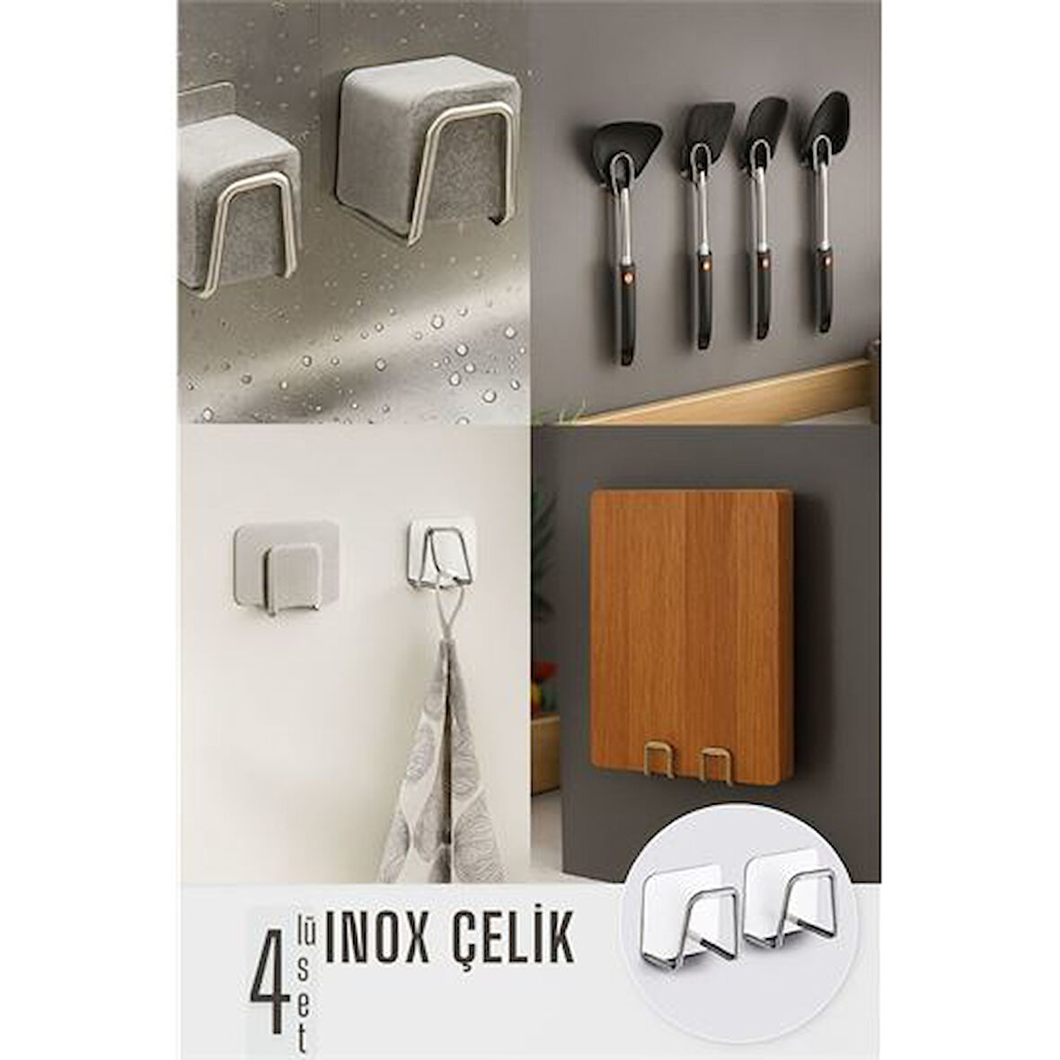 Inox Çelik Çok Amaçlı Askı - Banyo Askısı - Mutfak Askısı Profesyonel 4 lü SET