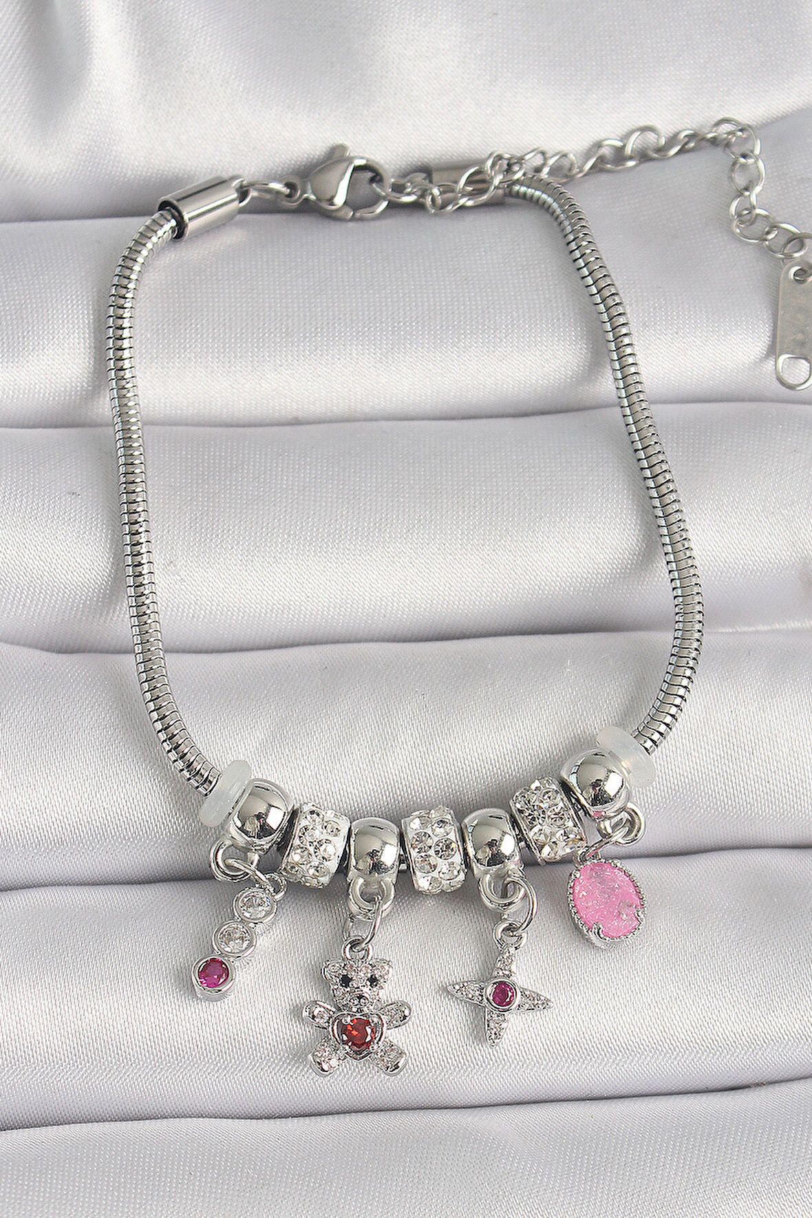 Pirinç Gümüş Renk Zincir Sallantı Zirkon Taşlı Ayıcık Figür Yıldız Detay Kadın Bileklik