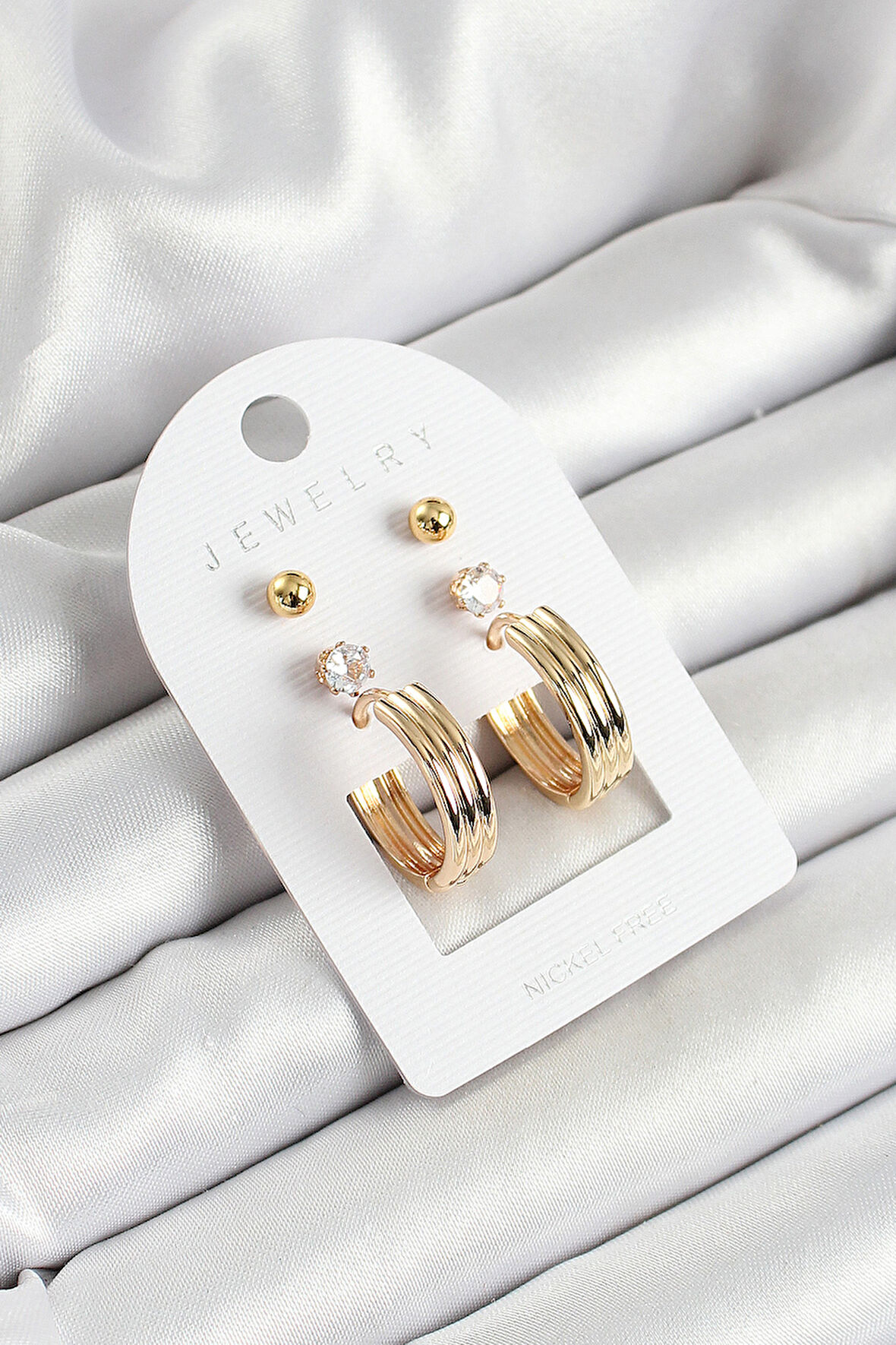 Pirinç Zirkon Taş Ve Halka Figürlü Gold Renk 3'lü Çift Kadın Küpe Set - TJ-BKP10655