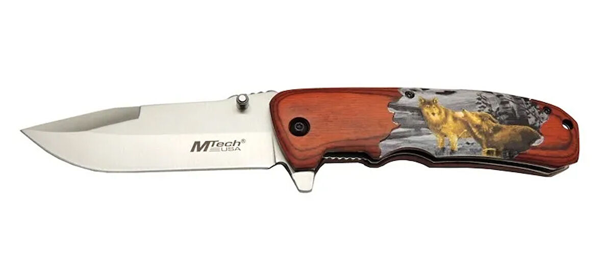Mtech Y 12K Kahverengi Kamp Çakı 21,5cm - Yarı Otomatik, Kemerlikli, Kurt Baskılı Ahşap Sap