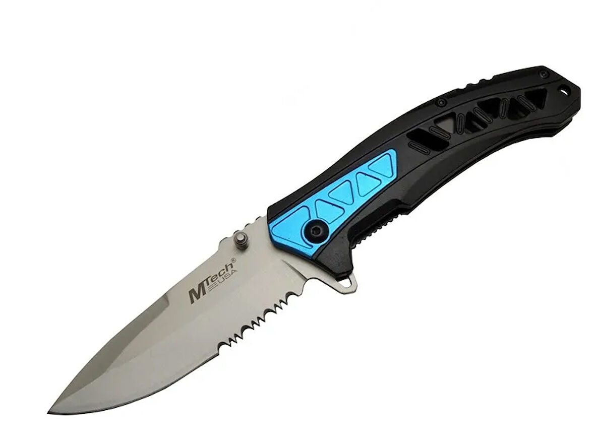 Mtech 4193 Mavi Kamp Çakı 21cm - Yarı Otomatik, Kemerlikli, Testere Detaylı, Desenli Sap