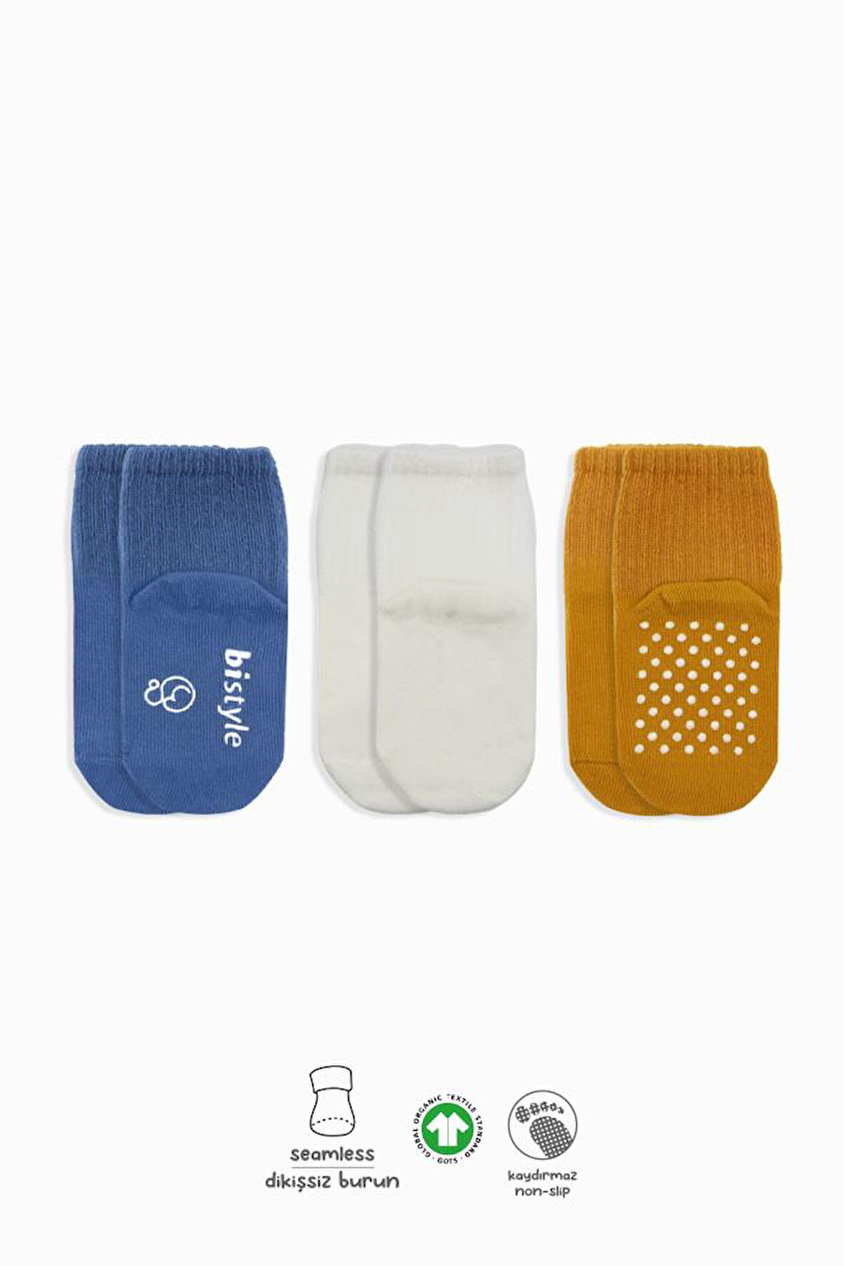 Bistyle Basic Kaymaz Penye Soket Çorap 3'Lü BS10107 İndigo Ekru Hardal