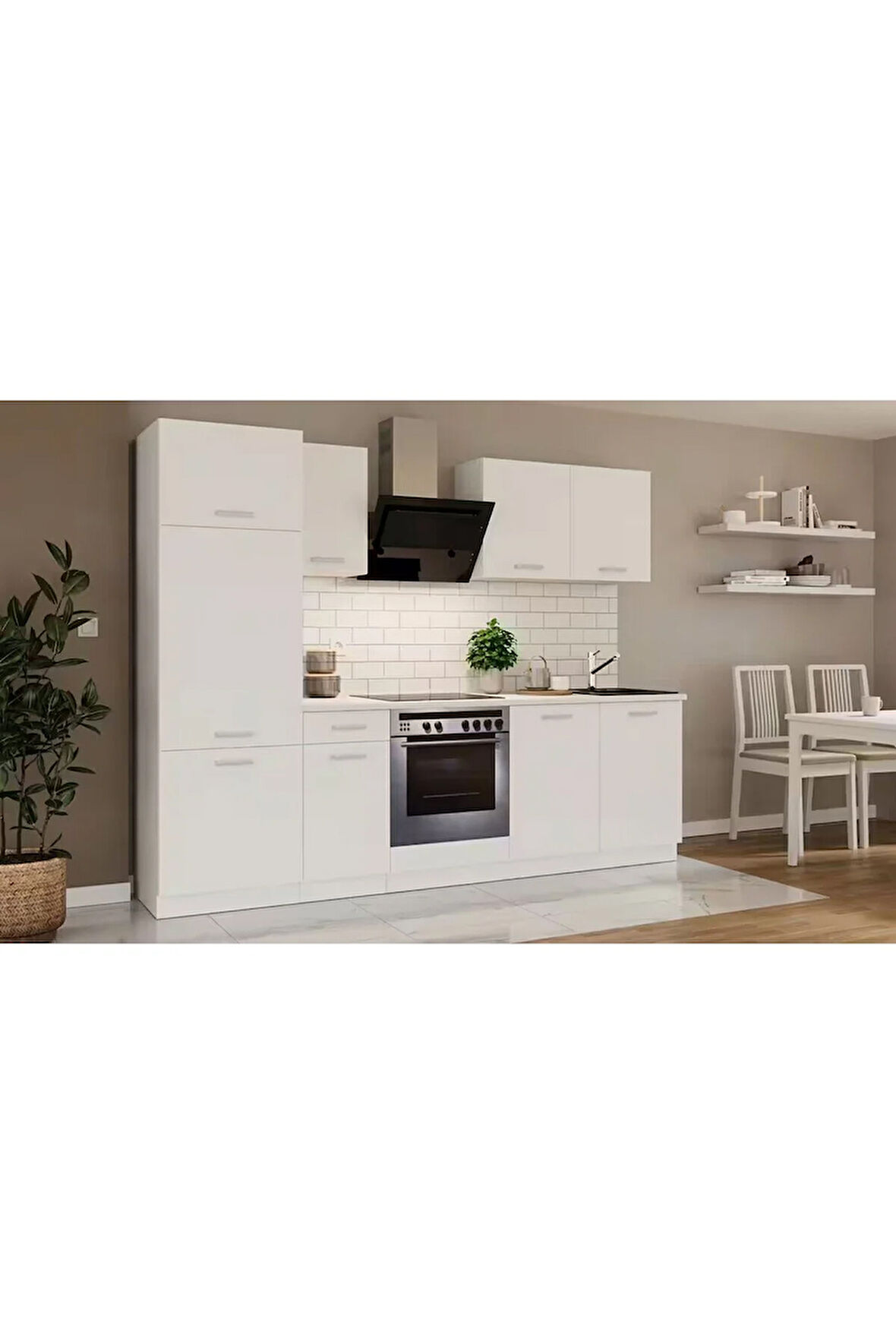 Angel Hazır Mutfak Dolabı Kiler Dahil 260cm–Beyaz Laminat Tezgah Dahil-Beyaz-Mat