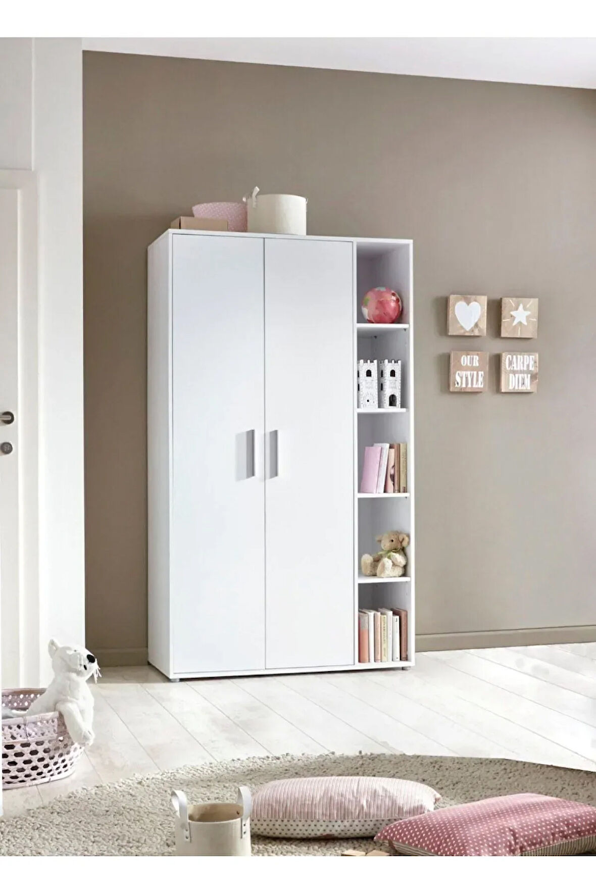 Asil Giyinme Dolabı - Çok Amaçlı Dolap - Gardırop 110 Cm-2 Kapaklı-Çocuk Odası Dolabı-Kitaplıklı