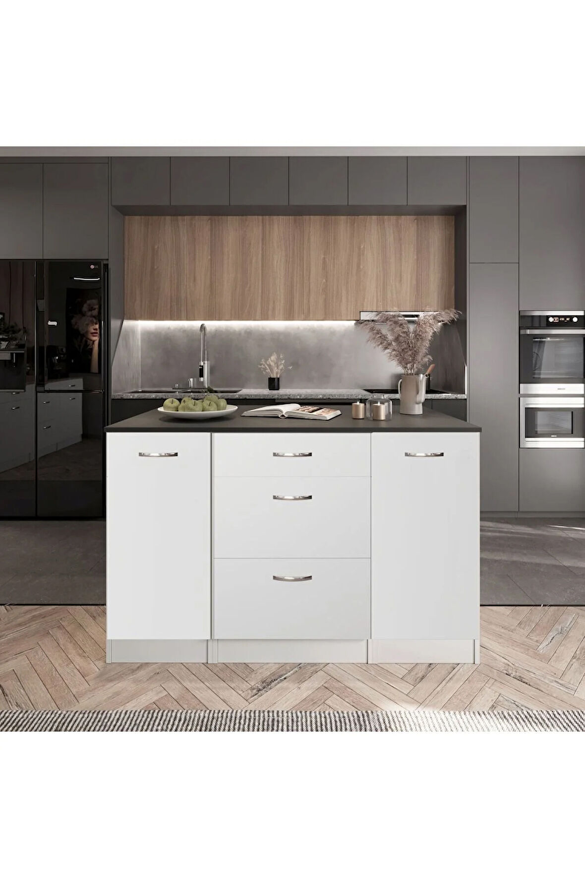 Bale Mutfak Adası -3 Çekmeceli 2 Kapaklı Alt Modül- Çok Amaçlı Dolap 160 cm Tezgah Dahil