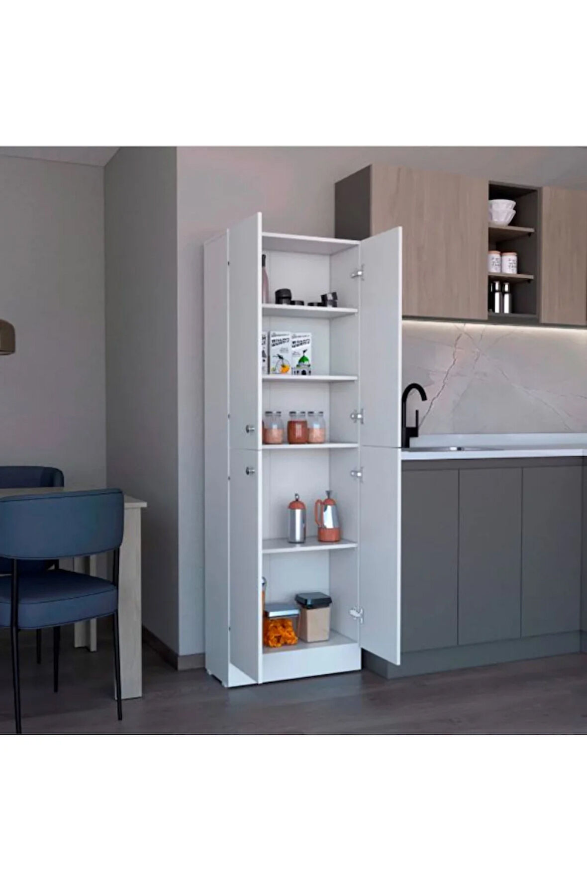 Feza Çok Amaçlı Dolap,5 Raflı, 4 Kapaklı Mutfak Dolabı Kiler Dolabı Banyo Dolabı-60cm