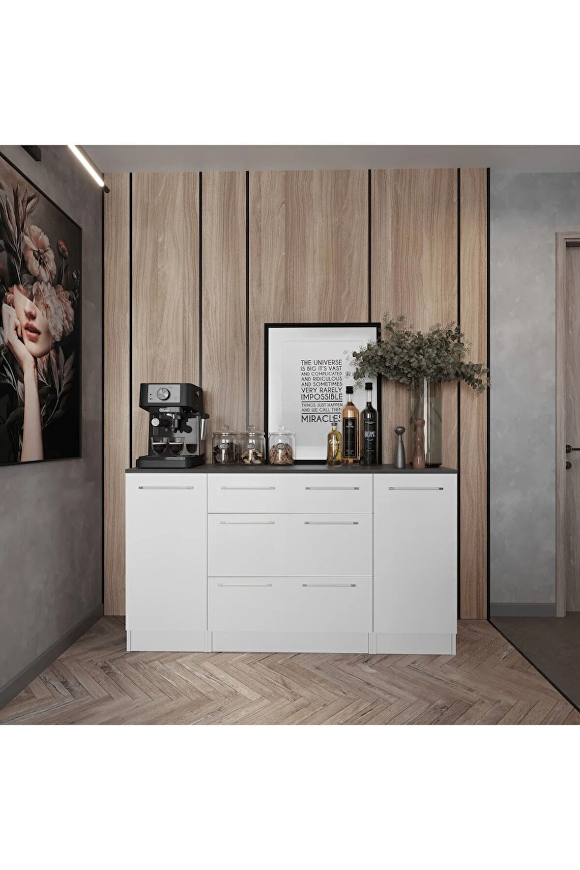 Hula Mutfak 2 Kapaklı-3 Çekmeceli Alt Modül -200 cm - Çok Amaçlı Dolap -Beyaz-Tezgah Dahil