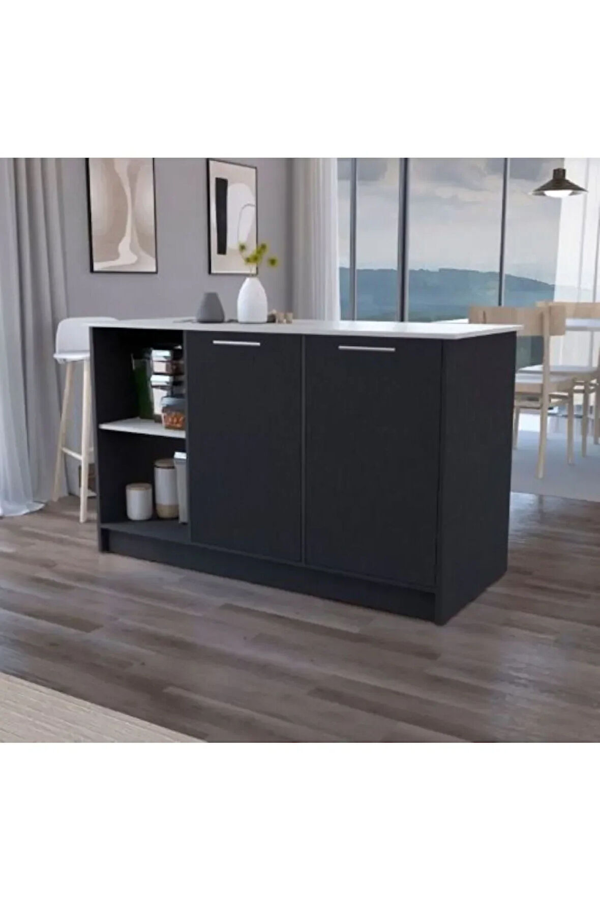 Kumsal Mutfak Adası - Antrasit-150 Cm-Beyaz Tezgahlı