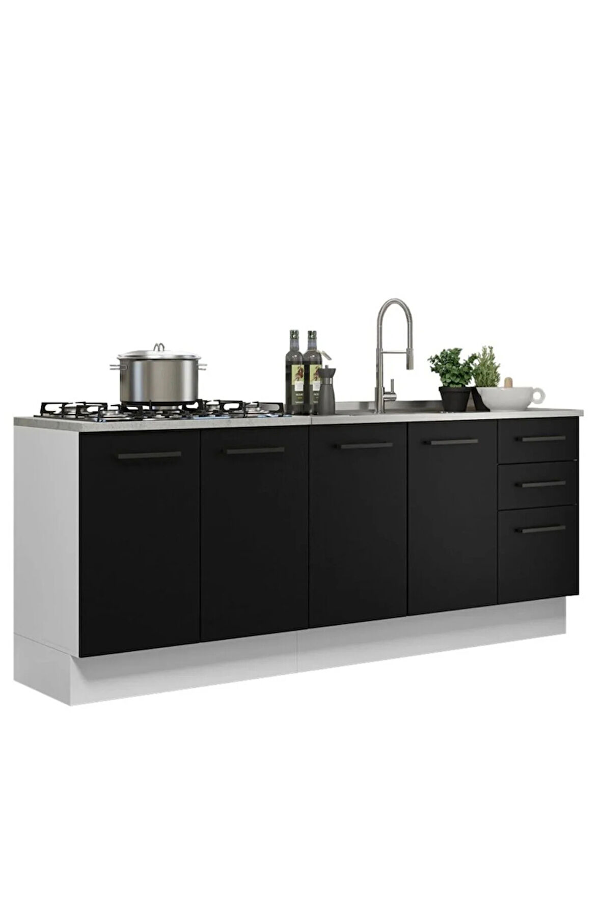 Sofia Mutfak 4 Kapaklı-3 Çekmeceli Alt Modül -200 cm - Çok Amaçlı Dolap-Beyaz Laminat Tezgah Dahil