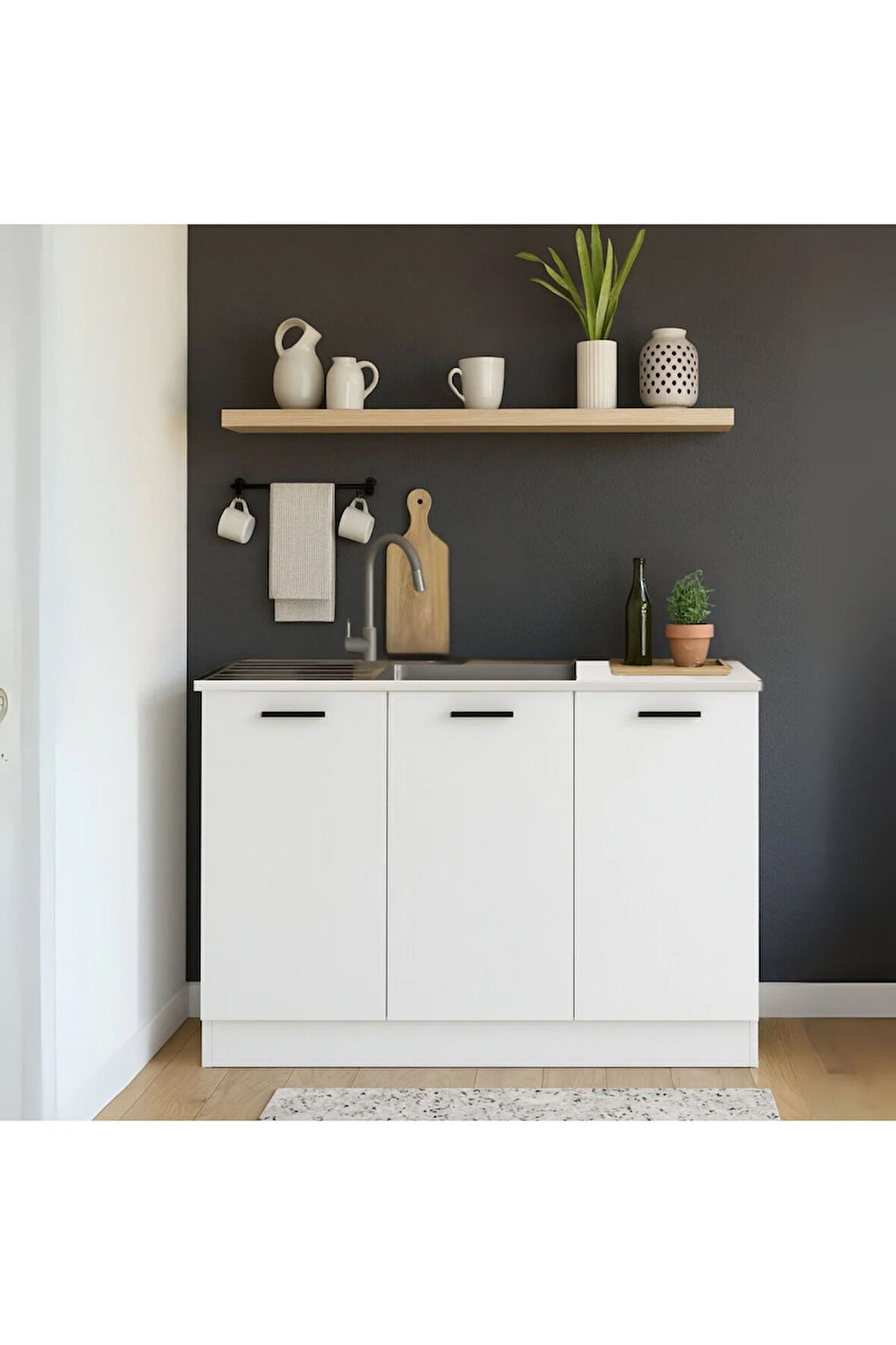 Tarkan Hazır Mutfak Dolabı -Alt Modül-Çok Amaçlı Dolap -120 cm Beyaz Ve Laminat Beyaz Tezgah Dahil