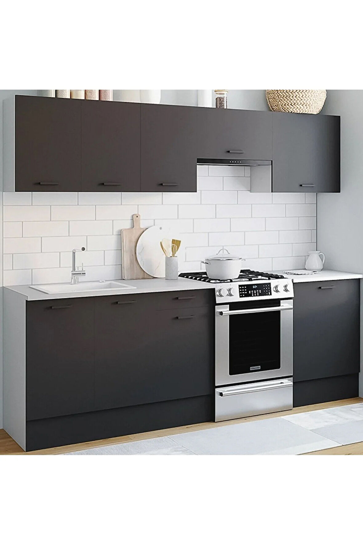 Vena Hazır Mutfak Dolabı 240 Cm -Beyaz Laminat Tezgah Dahil-Antrasit-Mat