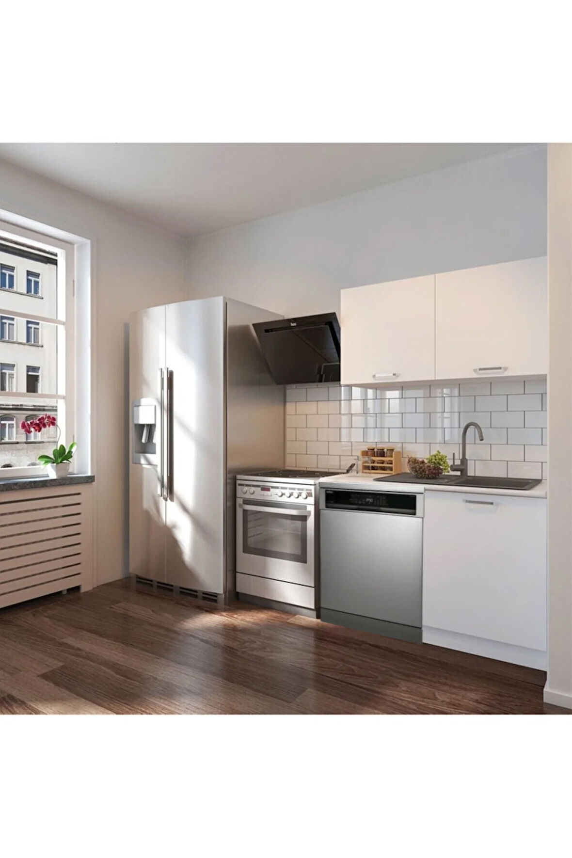 Vora Hazır Mutfak Dolabı 120 cm-Beyaz Laminat Tezgah Dahil-Bulaşık Makinesi Yeri Mevcut-Mat