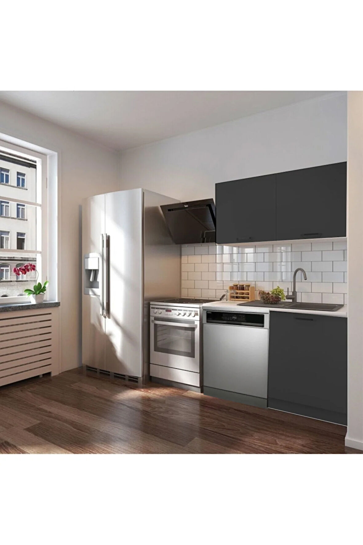 Vora Hazır Mutfak Dolabı 120 cm-Beyaz Laminat Tezgah Dahil-Bulaşık Makinesi Yeri Mevcut-Mat