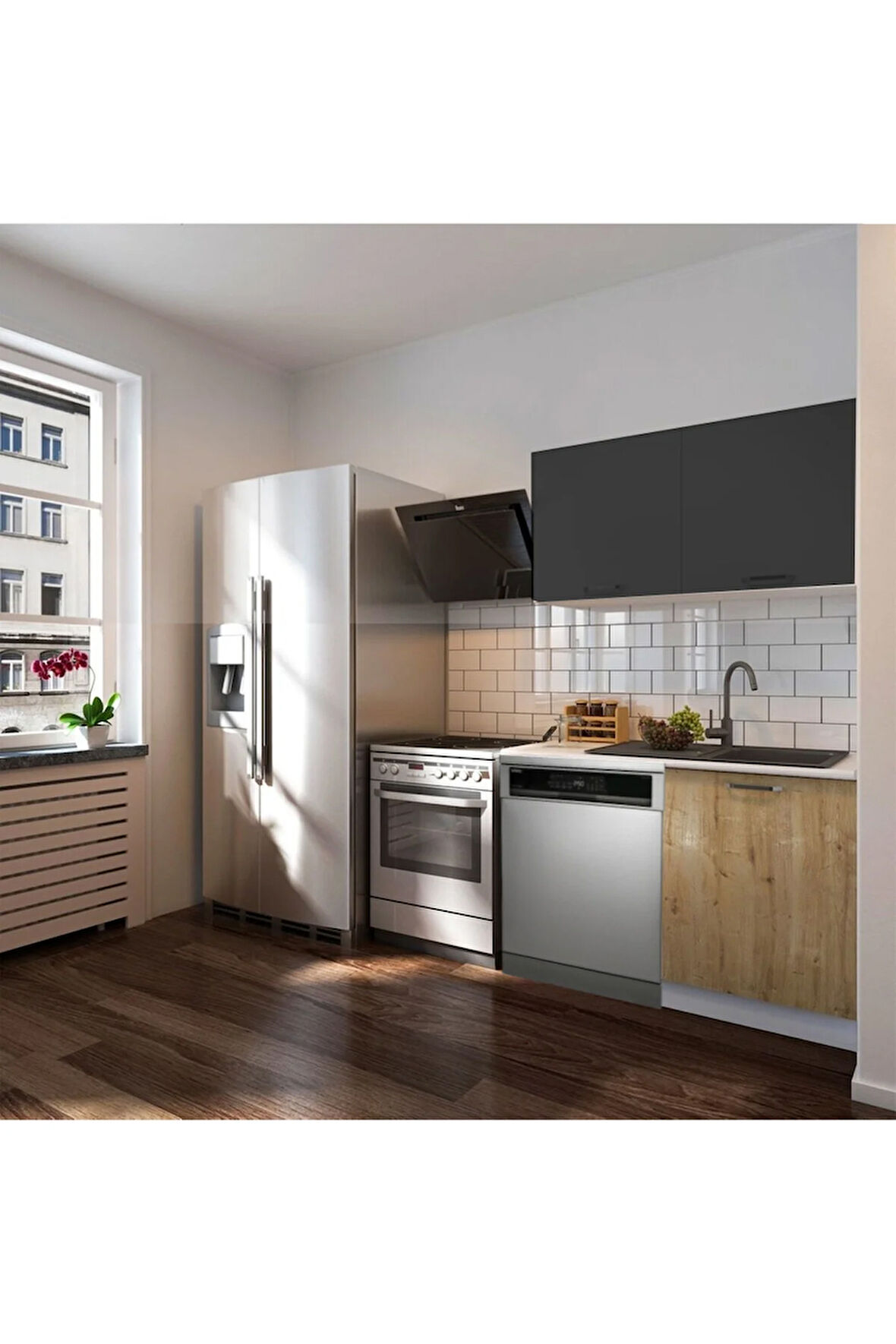 Vora Hazır Mutfak Dolabı 120 cm-Beyaz Laminat Tezgah Dahil-Bulaşık Makinesi Yeri Mevcut-Mat