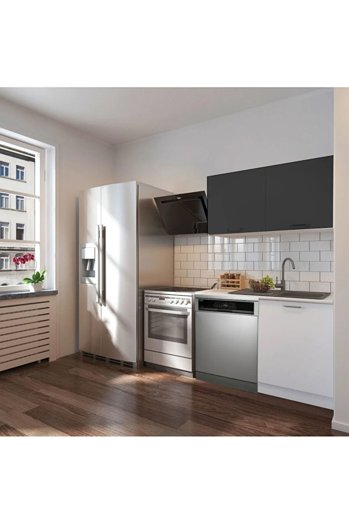 Vora Hazır Mutfak Dolabı 120 cm-Beyaz Laminat Tezgah Dahil-Bulaşık Makinesi Yeri Mevcut-Mat