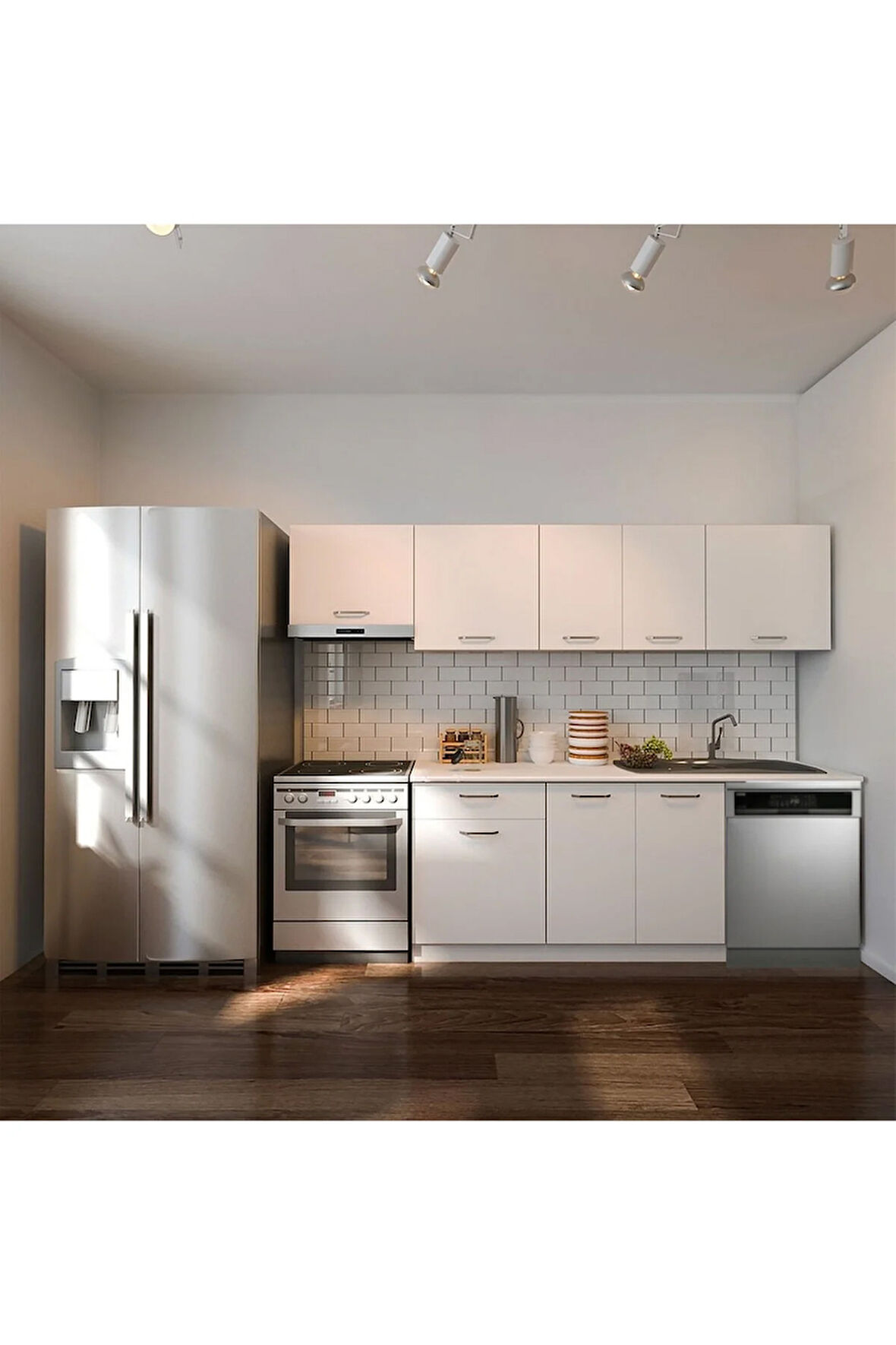 Debre Hazır Mutfak Dolabı 260 cm-Beyaz Laminat Tezgah Dahil-Bulaşık Makinesi Yeri Mevcut-Mat