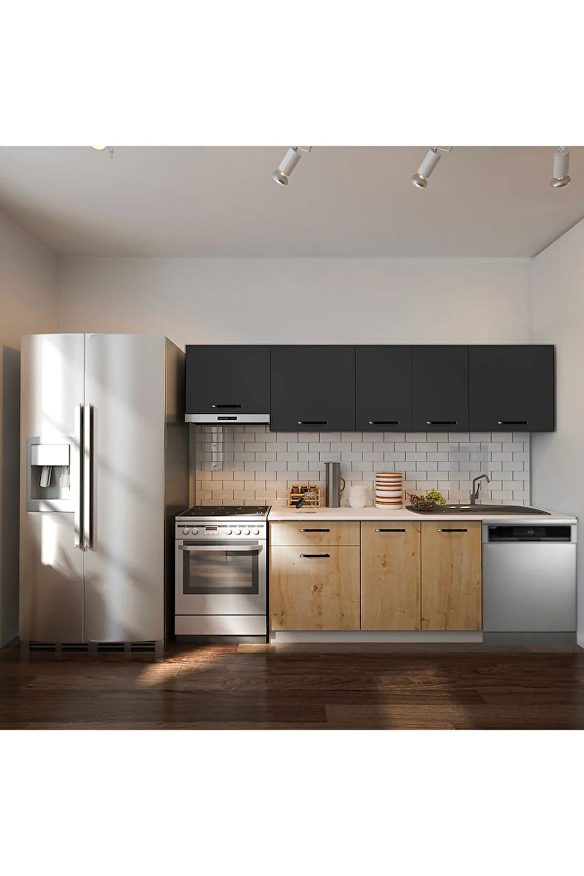 Debre Hazır Mutfak Dolabı 260 cm-Beyaz Laminat Tezgah Dahil-Bulaşık Makinesi Yeri Mevcut-Mat