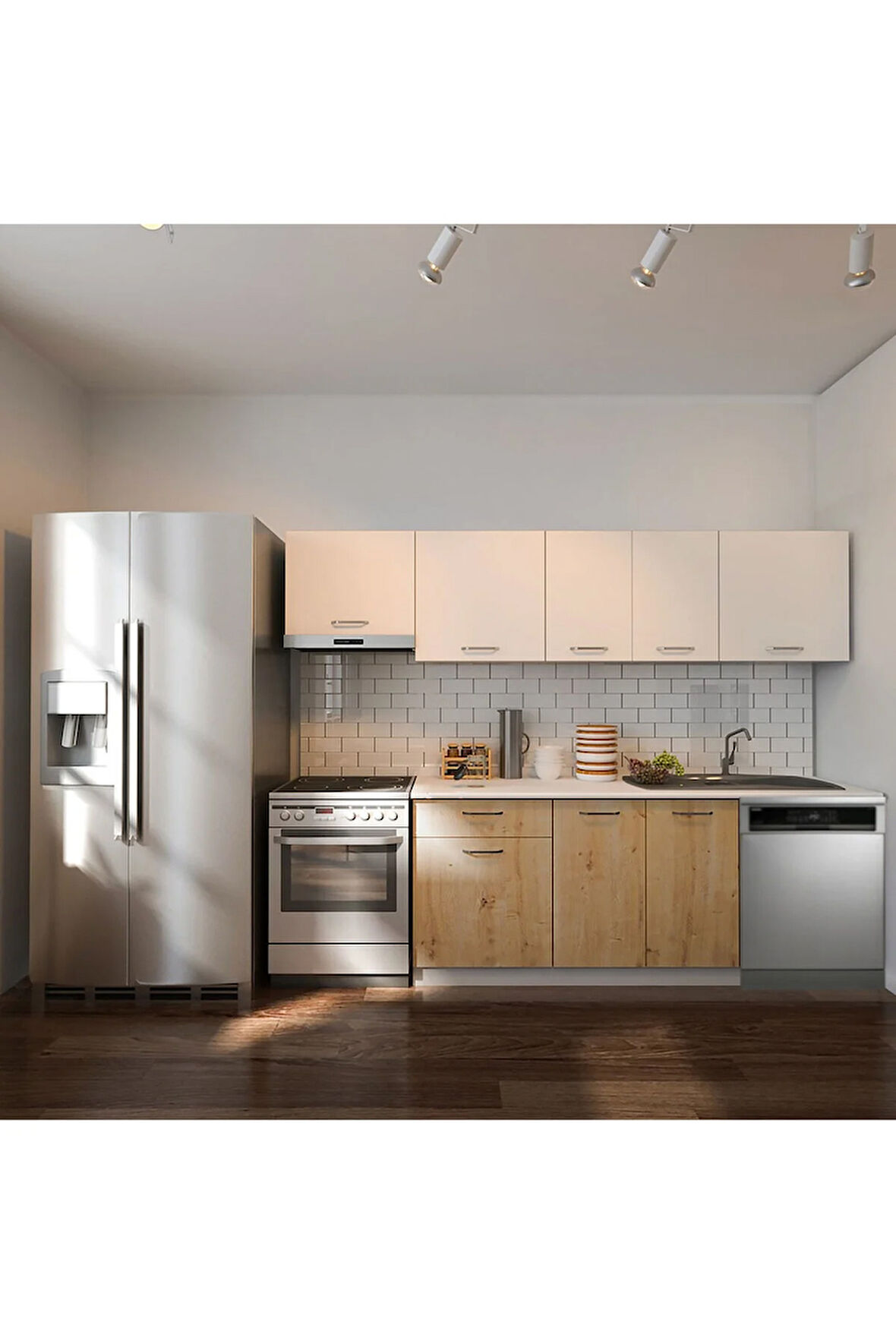 Debre Hazır Mutfak Dolabı 260 cm-Beyaz Laminat Tezgah Dahil-Bulaşık Makinesi Yeri Mevcut-Mat