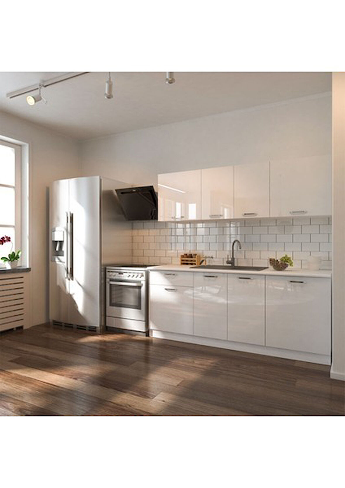 Tdesigno Rüya Hazır Mutfak Dolabı-200 Cm - Parlak Beyaz - Tezgah Dahil