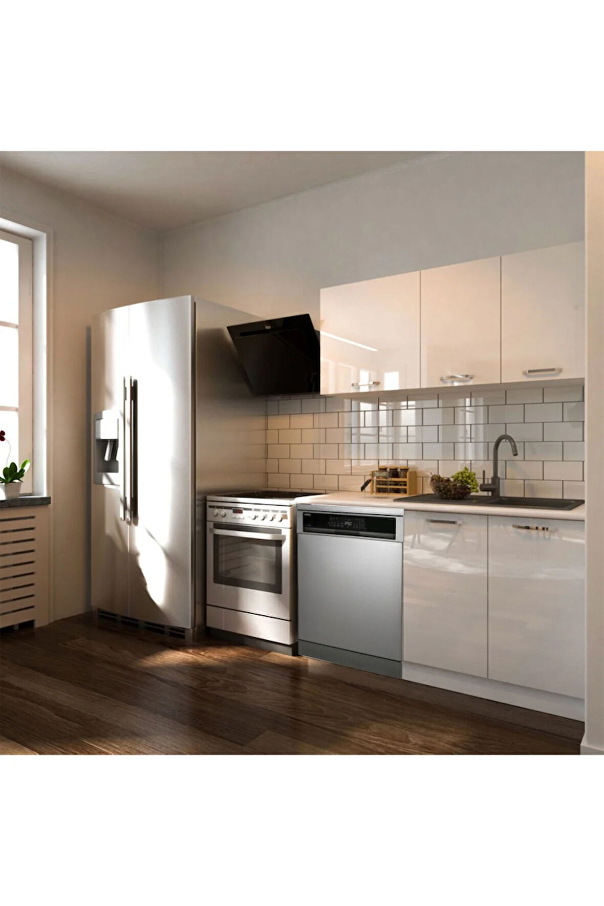 Hima Hazır Mutfak Dolabı – 140 Cm- Parlak--Beyaz Laminat Tezgah Dahil-Bulaşık Makinesi Yeri Mevcut