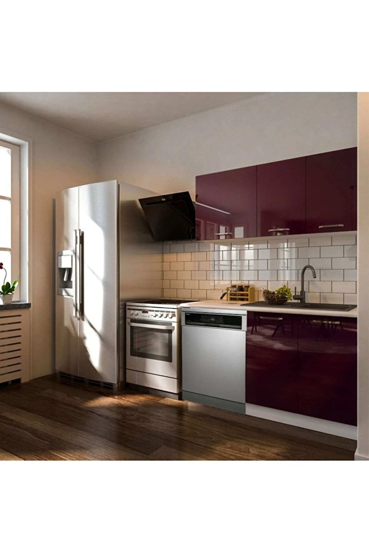 Hima Hazır Mutfak Dolabı – 140 Cm- Parlak--Beyaz Laminat Tezgah Dahil-Bulaşık Makinesi Yeri Mevcut