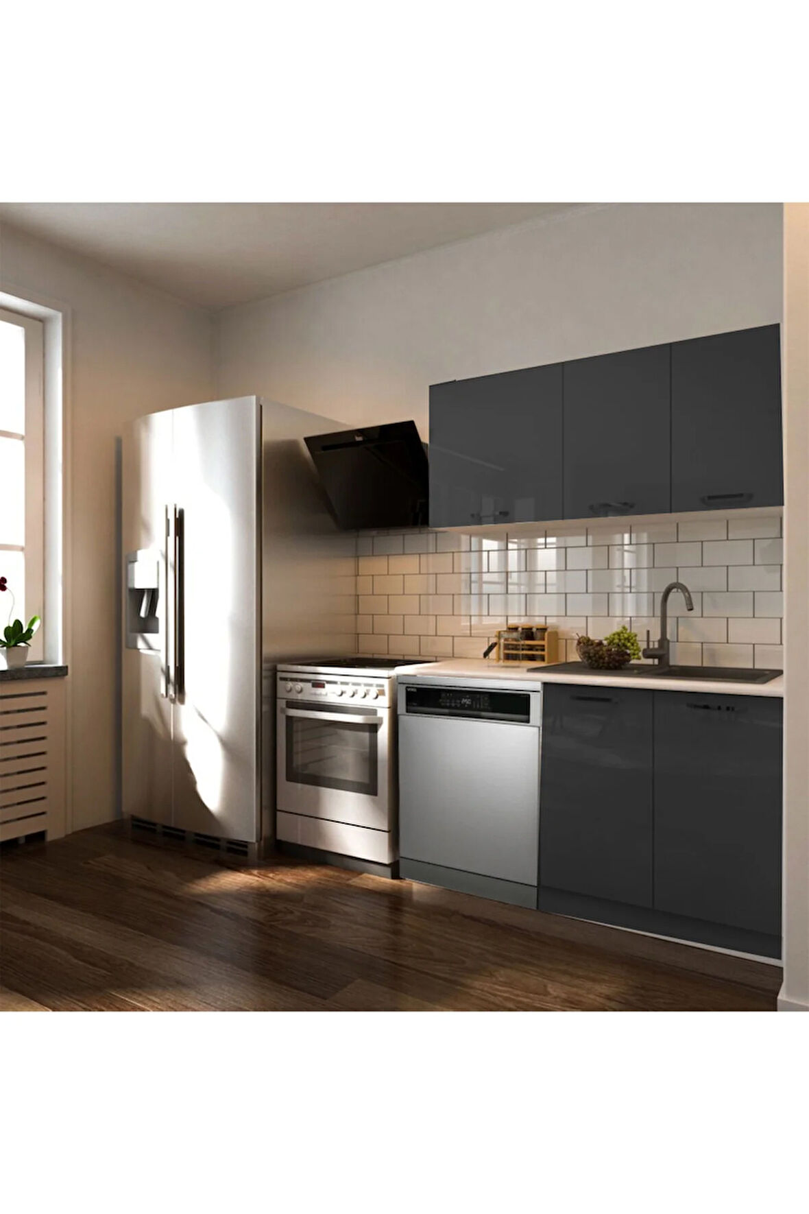 Hima Hazır Mutfak Dolabı – 140 Cm- Parlak--Beyaz Laminat Tezgah Dahil-Bulaşık Makinesi Yeri Mevcut