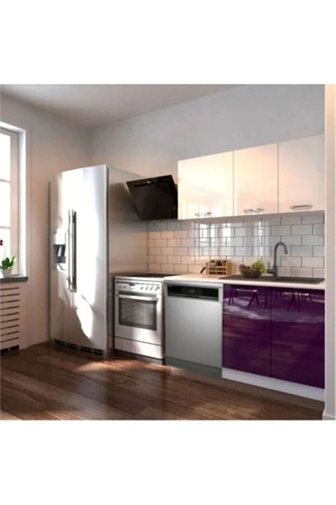 Hima Hazır Mutfak Dolabı – 140 Cm- Parlak--Beyaz Laminat Tezgah Dahil-Bulaşık Makinesi Yeri Mevcut