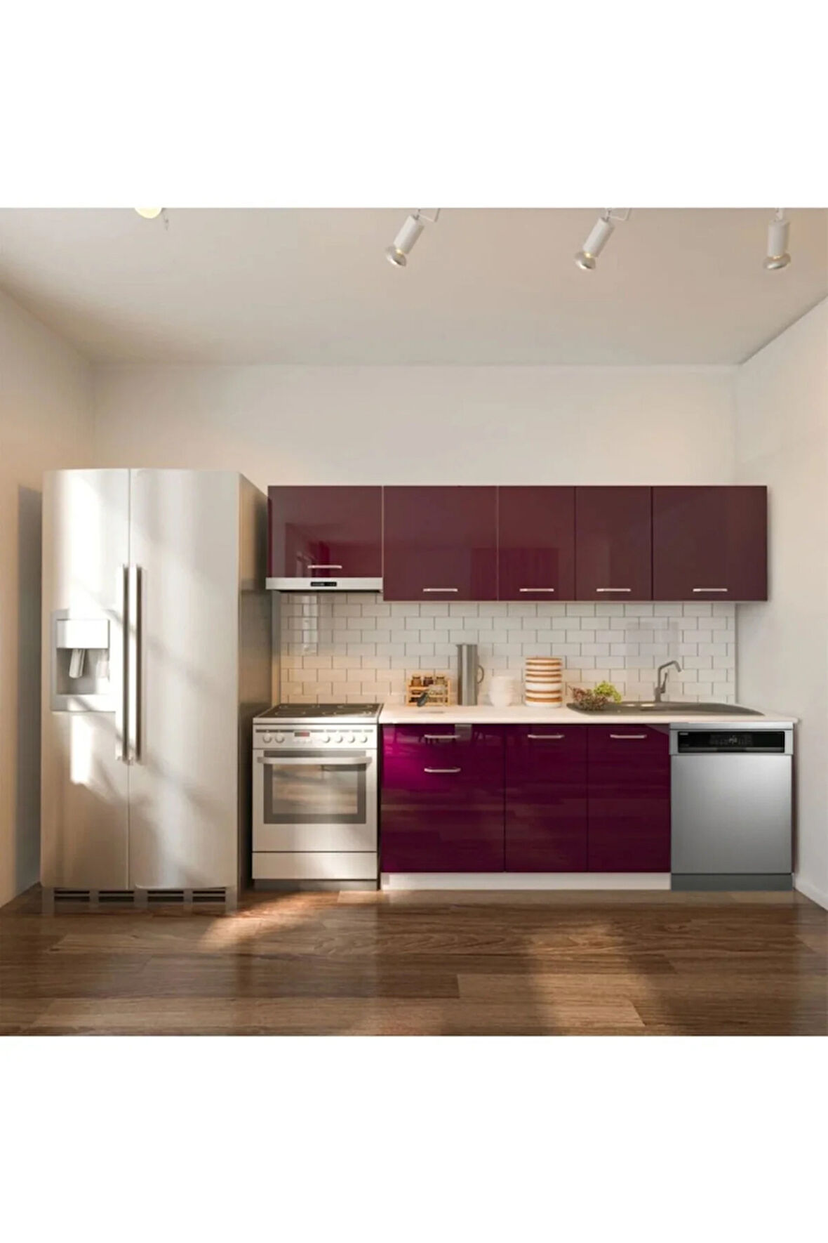 Loşna Hazır Mutfak Dolabı 260 cm-Beyaz Laminat Tezgah Dahil-Bulaşık Makinesi Yeri Mevcut-Parlak