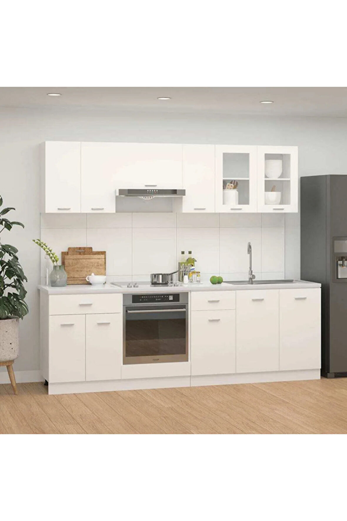 Persephone Hazır Mutfak Dolabı-Çok Amaçlı Dolap 230 cm Beyaz Ve Beyaz Tezgah Dahil